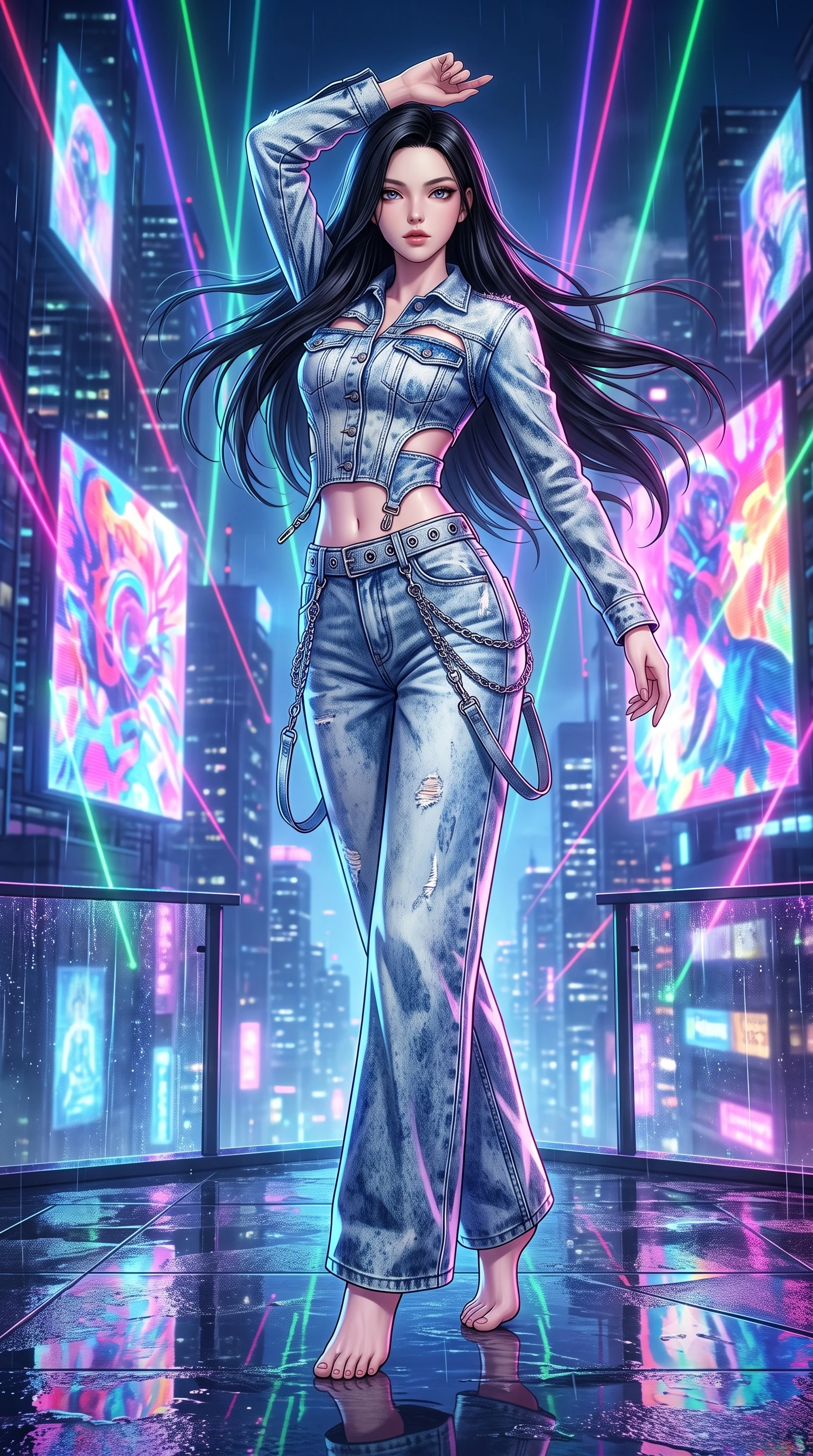 score_9, masterpiece, best quality, ultra-detailed, high-budget anime keyframe, semi-realistic 3D game render, editorial fashion photography, tasteful artistic composition, Korean woman. low angle full-body shot from head to toe showing her feet, filling the entire 9:16 vertical frame with her statuesque presence, stretching her vertical silhouette. landing lightly on the balls of her feet in a balanced kinetic stance, eyes locked onto the camera with fearless allure while dancing dynamically on a rain-slicked skyscraper rooftop amidst pulsating RGB laser beams and giant holographic billboards. The surrounding environment is rendered in vivid detail and crisp panoramic clarity. vibrant futuristic rave chiaroscuro and exhilarating high-altitude electronic nightlife in precision. She has an absolutely perfect, statuesque 8.5-heads proportion, an exceptionally tall and slender model-like female figure with impossibly long slender legs, a toned flat midriff, and an ultra-slim waist. sharp v-shaped jawline, high-bridge nose, intricate jewel-like eyes with depth, thick eyelashes, glossy lips with a natural sheen, captivating and magnetic expression, flawlessly proportioned anatomical accuracy, strict slender model proportions, natural body alignment, perfectly sculpted long slender limbs, ultra-slim waistline, clean dynamic posture without body distortion. wearing a deconstructed denim corseted crop jacket paired with high-waisted wide-leg utility jeans and a silver grommet belt in acid-wash light denim and dark chrome, tailored from distressed structured cotton denim with metallic thread, accented with hanging industrial clip straps and chrome chain links, the precision-cut daring openings accentuating her delicate midriff, graceful bare collarbones, and ultra-slim feminine waistline. bathed in flashing RGB strobe lights and glowing holographic billboard backlighting. highly saturated vibrant anime colors, detailed shading with soft gradients, rich glossy textures, high-contrast stereoscopic depth, volumetric dynamic lighting, master piece, 9:16 ratio