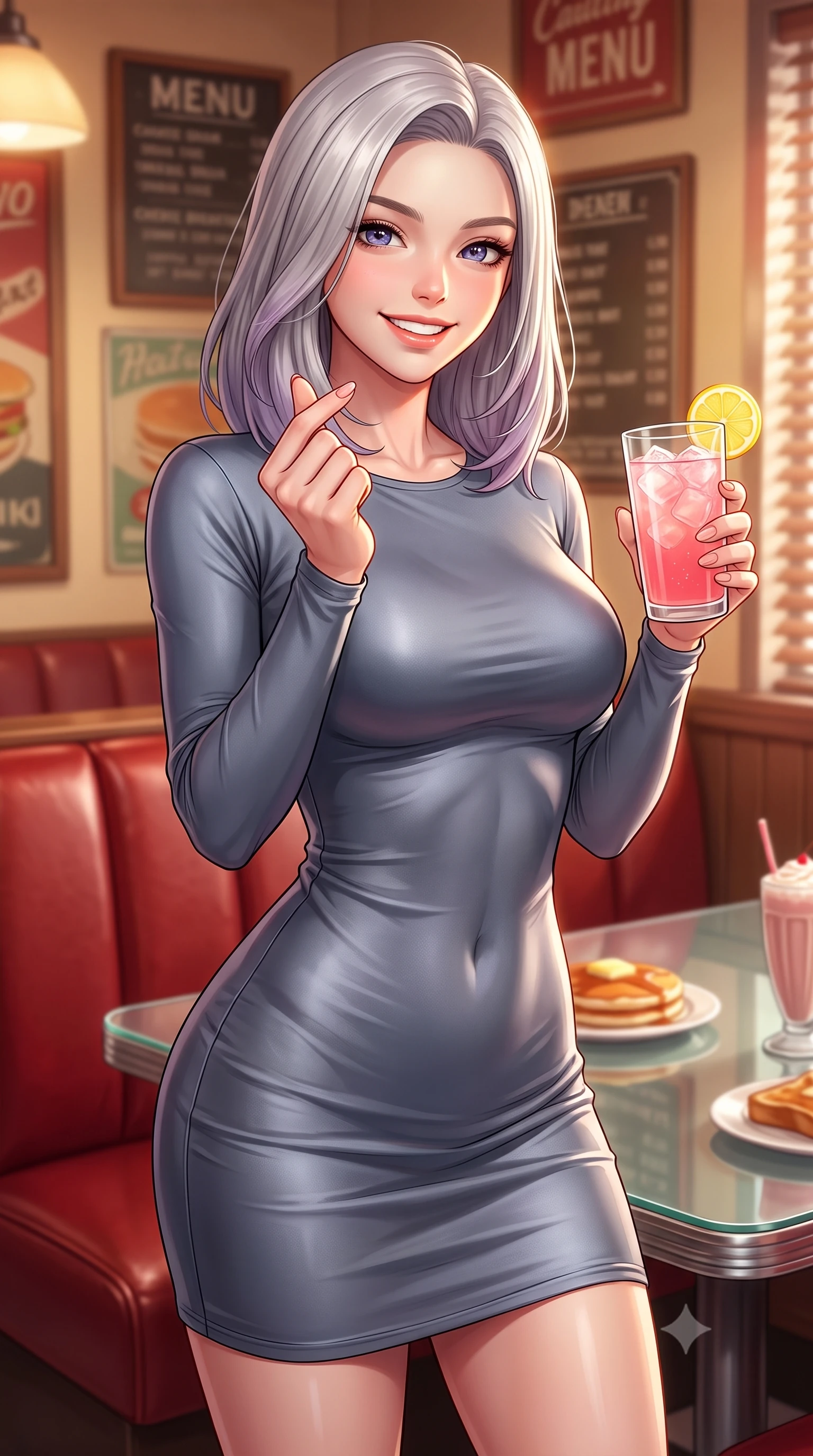 score_9, masterpiece, best quality, ultra-detailed, high-budget anime keyframe, editorial fashion photography, tasteful artistic composition, Caucasian woman. close-up cowboy shot from the waist and thighs up, the character dominates the composition, filling the frame with her large presence, background elements kept in soft focus. flashing a bright, sunny grin, holding her fingers in a cute small heart shape set against a soft-focus background of in a cozy traditional diner corner with leather booths and vintage menus holding a glass of pink lemonade with a playful, cute smile. She has an exceptionally elegant, slender, and willowy female figure with an ultra-slim waist, a gracefully sculpted slender torso, and a refined silhouette. sharp v-shaped jawline, high-bridge nose, intricate jewel-like eyes with depth, thick eyelashes, glossy lips with a natural sheen. wearing body-hugging body-hugging long-sleeve silk dress in slate grey, following her form elegantly. gentle, warm ambient lighting highlighting the delicious food and her face. highly saturated vibrant anime colors, detailed shading with soft gradients, rich glossy textures, high-contrast stereoscopic depth, volumetric dynamic lighting, master piece, 9:16 ratio