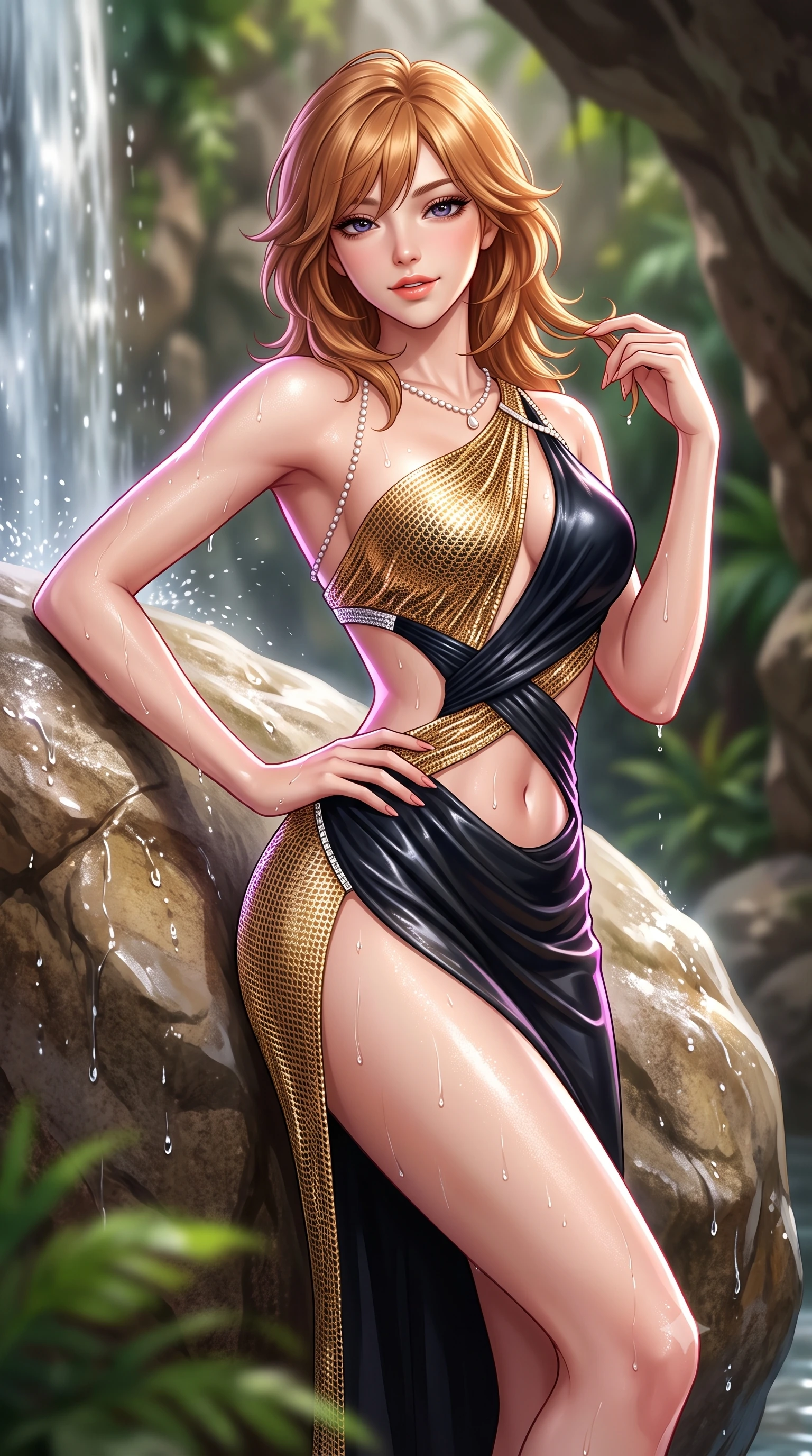 score_9, masterpiece, best quality, ultra-detailed, high-budget anime keyframe, semi-realistic 3D game render, editorial fashion photography, tasteful artistic composition, Korean woman. close-up cowboy shot from the waist and thighs up, the character dominates the composition, filling the frame with her large presence. twisting her slender torso in an alluring contrapposto stance, one hand resting on her sculpted hip while her fingers toy with her hair with effortless poise while leaning back against the smooth wet boulder with relaxed seductive grace, water droplets beading across her collarbones and limbs. The background shows a soft-focus natural rock grottos softened in lush tropical paradise shallow focus. She has an exceptionally elegant, slender, and willowy female figure with an ultra-slim waist, flat toned midriff, narrow ribcage, and sculpted feminine hips creating an alluring, slim hourglass silhouette without bulk. sharp v-shaped jawline, high-bridge nose, sparkling eyes with hypnotic seductive depth, thick curled eyelashes, glossy parted lips with a natural dewy peach sheen, alluring bedroom-eyes with an enchanting coquettish smile, exuding magnetic siren charisma and sophisticated glamour, flawlessly proportioned anatomical accuracy, strict slender model proportions, natural body alignment, perfectly sculpted long slender limbs, ultra-slim waistline, clean dynamic posture without body distortion. wearing an asymmetric one-shoulder liquid jersey nymph dress with dramatic hip-high slit and waist cutout in liquid gold chainmail and midnight obsidian black with diamond accents, woven from buttery-soft stretch lambskin leather adhering to her body like a second skin, finished with a pearl-drop body harness subtly framing her dewy collarbones and spine, the liquid-tight tailored fabric clinging flawlessly to her narrow waist and rounded feminine hips, emphasizing every millimeter of her sculpted slim hourglass curves without any bulky heaviness. illuminated by waterfall spray reflection fill and sharp platinum-magenta rim lights defining her delicate clavicles, narrow waist, and curvy hips. highly saturated vibrant anime colors, detailed shading with soft gradients, rich glossy textures, high-contrast stereoscopic depth, volumetric dynamic lighting, master piece, 9:16 ratio