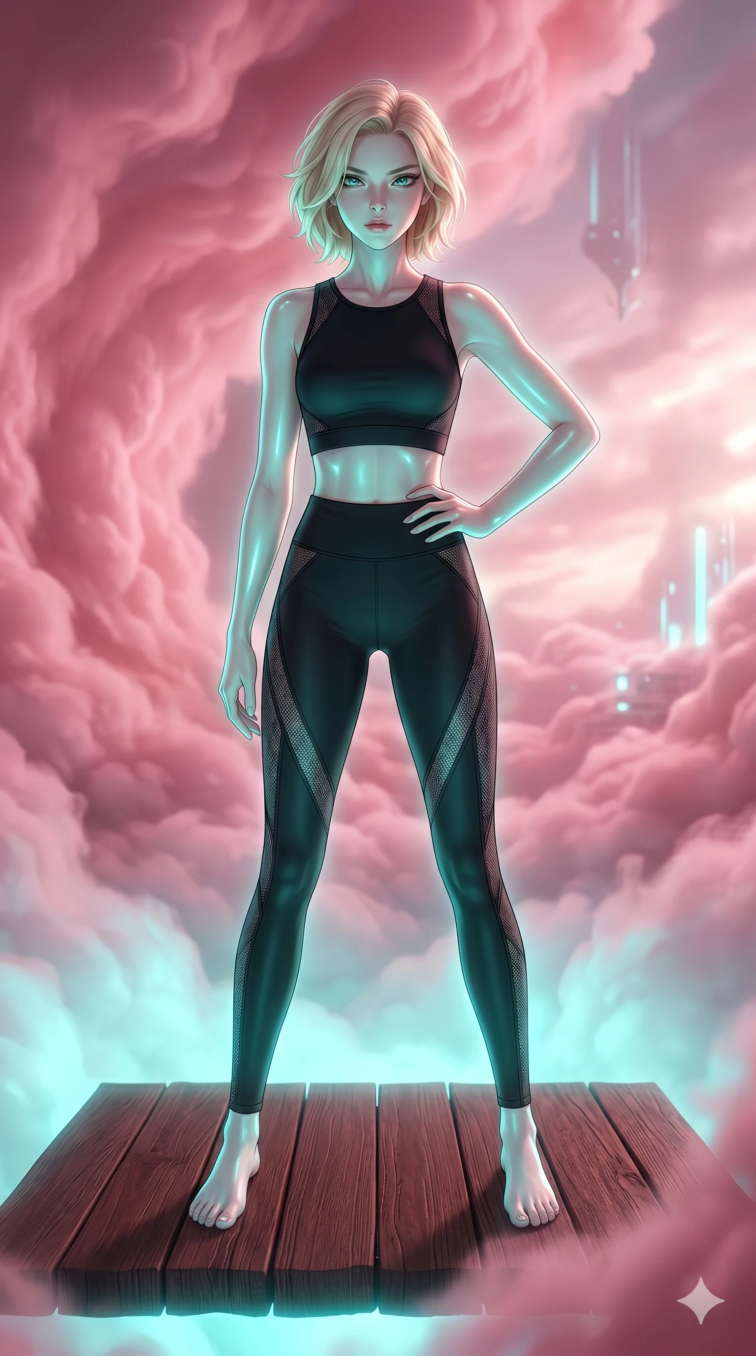 score_9, masterpiece, best quality, ultra-detailed, high-budget anime keyframe, editorial fashion photography, tasteful artistic composition, Caucasian woman, strictly human ears. cowboy shot from the thighs up, character and outfit filling the frame for maximum editorial presence. Holding a confident power pose with one hand on her hip on a floating deck of dark mahogany wood suspended inside a rose-colored cloud formation. She has an absolutely perfect 8-heads proportion, an exceptionally tall and slender female figure with impossibly long slender legs and an ultra-slim waist. V-shaped jawline, high-bridge nose, intricate jewel-like eyes with depth, thick eyelashes, glossy lips with a natural sheen. wearing a crop top and high-waist leggings in matte black performance fabric with geometric semi-opaque mesh panels tracing the outer lines of her legs and waist. illuminated by soft aqua bioluminescent light that makes her skin luminously glow against the dark. 2k, ultra detail, master piece, 9:16 ratio
