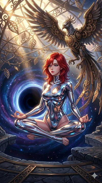 score_9, masterpiece, best quality, ultra-detailed, Set A: High-budget Anime Keyframe, Korean woman. Low angle cowboy shot filling the entire 9:16 frame with her statuesque presence. Theme: Historical Remix. meditating in the edge of a black hole, wh