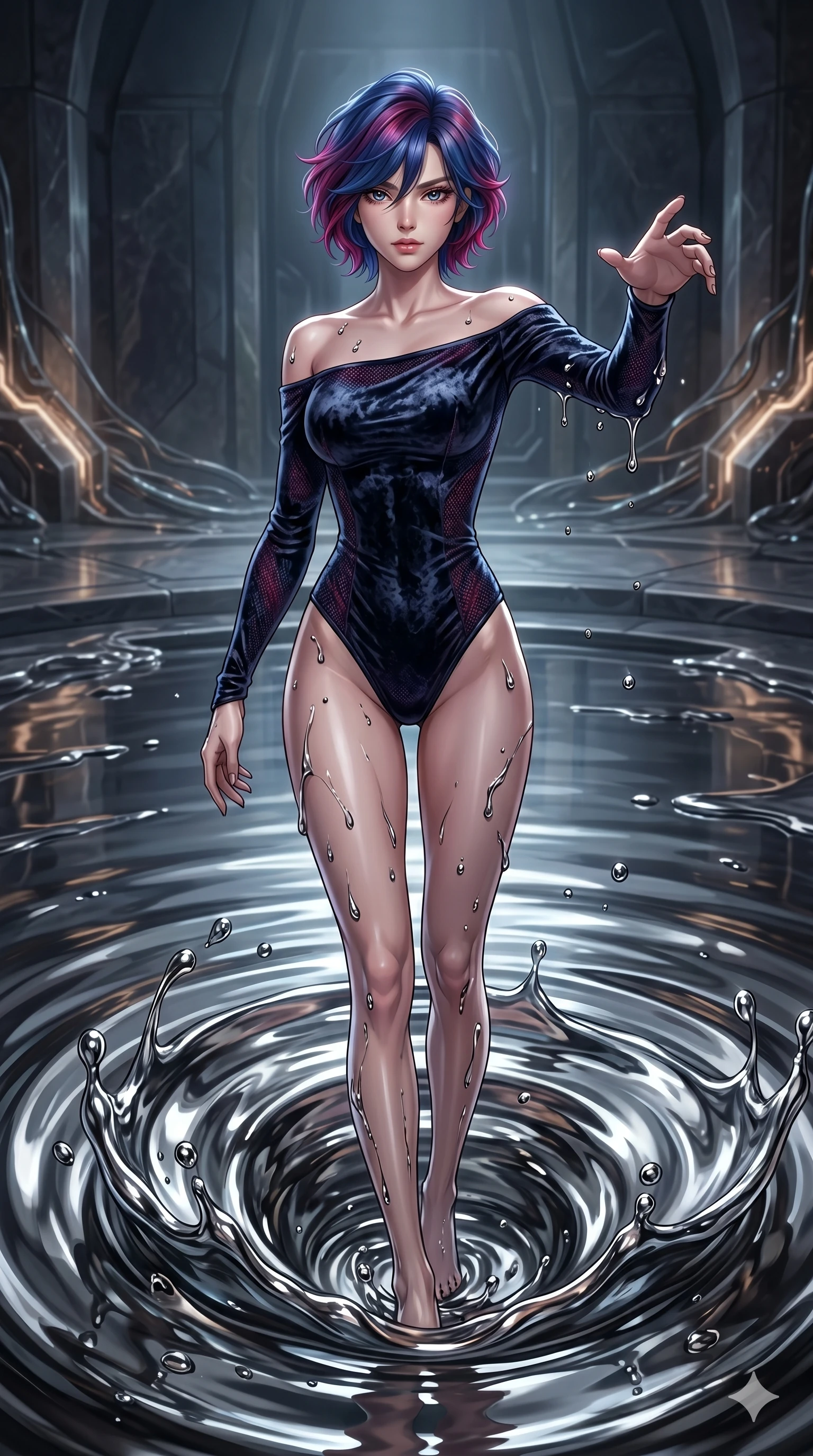 score_9, masterpiece, best quality, ultra-detailed, High-budget Anime Keyframe, East Asian woman. Dynamic full-body shot stretching the vertical silhouette to the limit. Scenario 244: Rising from a pool of mercury-like liquid, droplets rolling off her skin. Her presence is magnetic and overpowering in this high-budget anime scene. Outfit 244: A crushed dark velvet micro-mesh with a low-cut shoulder and tight-fitting silhouette. The clothing is designed to emphasize her exceptionally tall and slender 8-heads proportion. 8-heads proportion, towering silhouette, ultra-slim waist. sharp v-shaped jawline, intricate jewel-like eyes with depth, thick eyelashes, glossy lips. 2k, ultra detail, master piece, 9:16 ratio