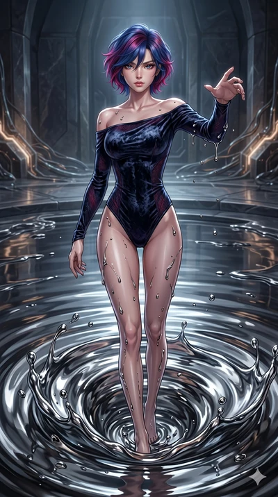 score_9, masterpiece, best quality, ultra-detailed, High-budget Anime Keyframe, East Asian woman. Dynamic full-body shot stretching the vertical silhouette to the limit. Scenario 244: Rising from a pool of mercury-like liquid, droplets rolling off he
