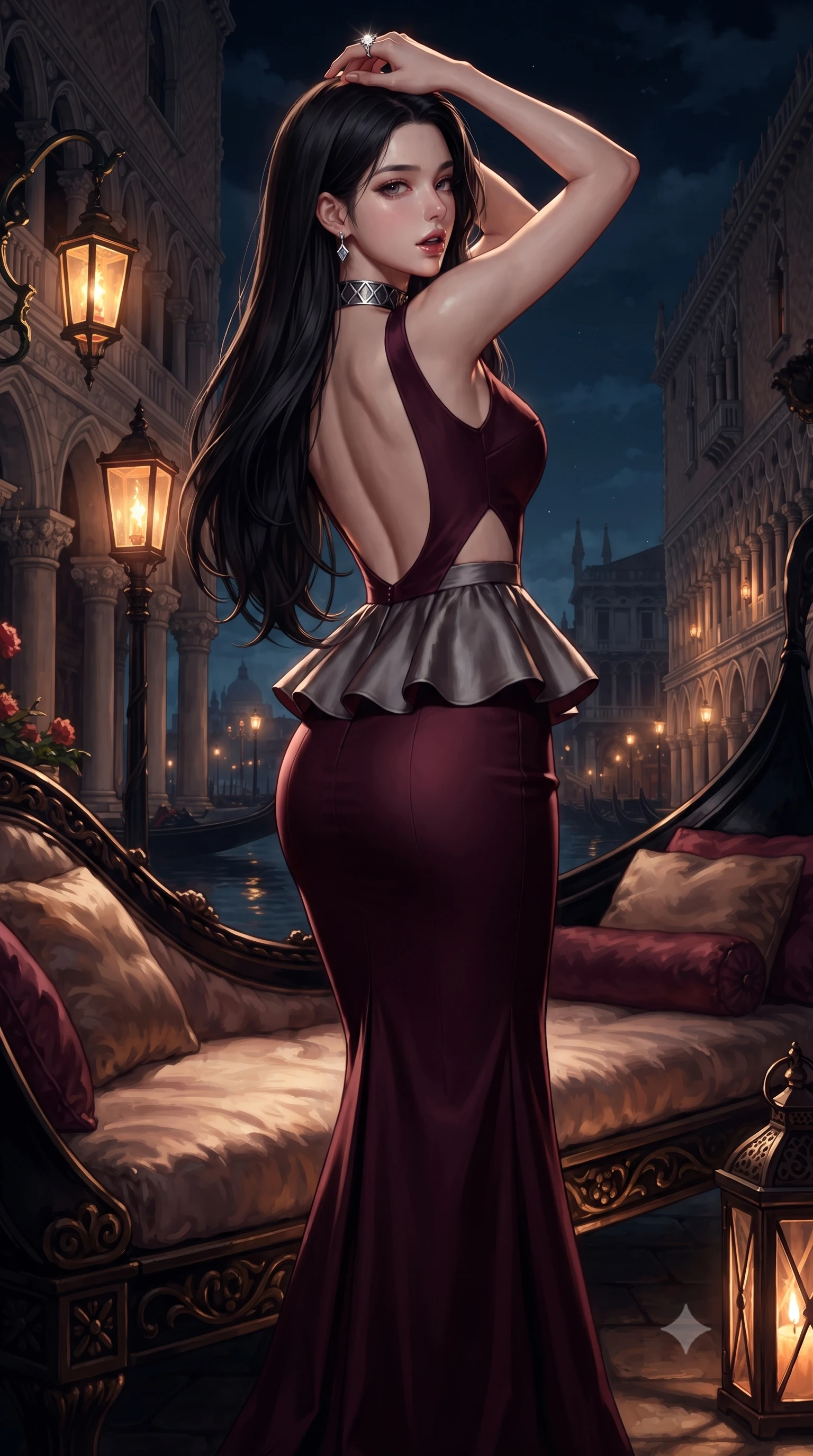 score_9, masterpiece, best quality, ultra-detailed, high-budget anime keyframe, editorial fashion photography, tasteful artistic composition, Korean woman. low angle full-body shot from head to toe showing her feet, filling the entire 9:16 vertical frame with her statuesque presence, stretching her vertical silhouette. posing with back turned slightly to the lens, glancing back with smoldering allure as she arches her lower back to emphasize her sculpted feminine hips and slender waist while stretching languidly on the gondola daybed with hands raised behind her head, parted glossy lips reflecting flickering lantern glow. The surrounding environment is rendered in vivid detail and crisp panoramic clarity. rich high-contrast Venetian nocturnal chiaroscuro and decadent masquerade romance aesthetics in precision. She has an exceptionally tall and slender model-like 8.5-heads proportion, an ultra-slim waist, a flat toned midriff, narrow delicate ribcage, and beautifully sculpted feminine hips creating a graceful, slim hourglass silhouette without any bulky heaviness, with impossibly long slender legs. sharp v-shaped jawline, high-bridge nose, intricate jewel-like eyes with depth, thick eyelashes, glossy parted lips with a natural sheen, intensely captivating and seductive bedroom-eyes expression, flawlessly proportioned anatomical accuracy, strict slender model proportions, natural body alignment, perfectly sculpted long slender limbs, ultra-slim waistline, clean dynamic posture without body distortion. wearing a modern peplum corset dress with side-waist diamond cutouts and an ultra-tight silhouette in deep wine burgundy and brushed dark platinum, made of fluid silk crepe with delicate inner corsetry boning, complemented by a bold geometric choker and sparkling cocktail ring, the dramatically scooped open back descending to the base of her spine, accentuating her razor-sharp statuesque lines and slim hourglass silhouette. illuminated by crisp specular highlights defining her slender neckline, ultra-slim waist, and curvy hips. ultra-reflective glossy finish, specular highlights, rich textural contrasts, high-contrast stereoscopic depth, volumetric dynamic lighting, 2k, ultra detail, master piece, 9:16 ratio