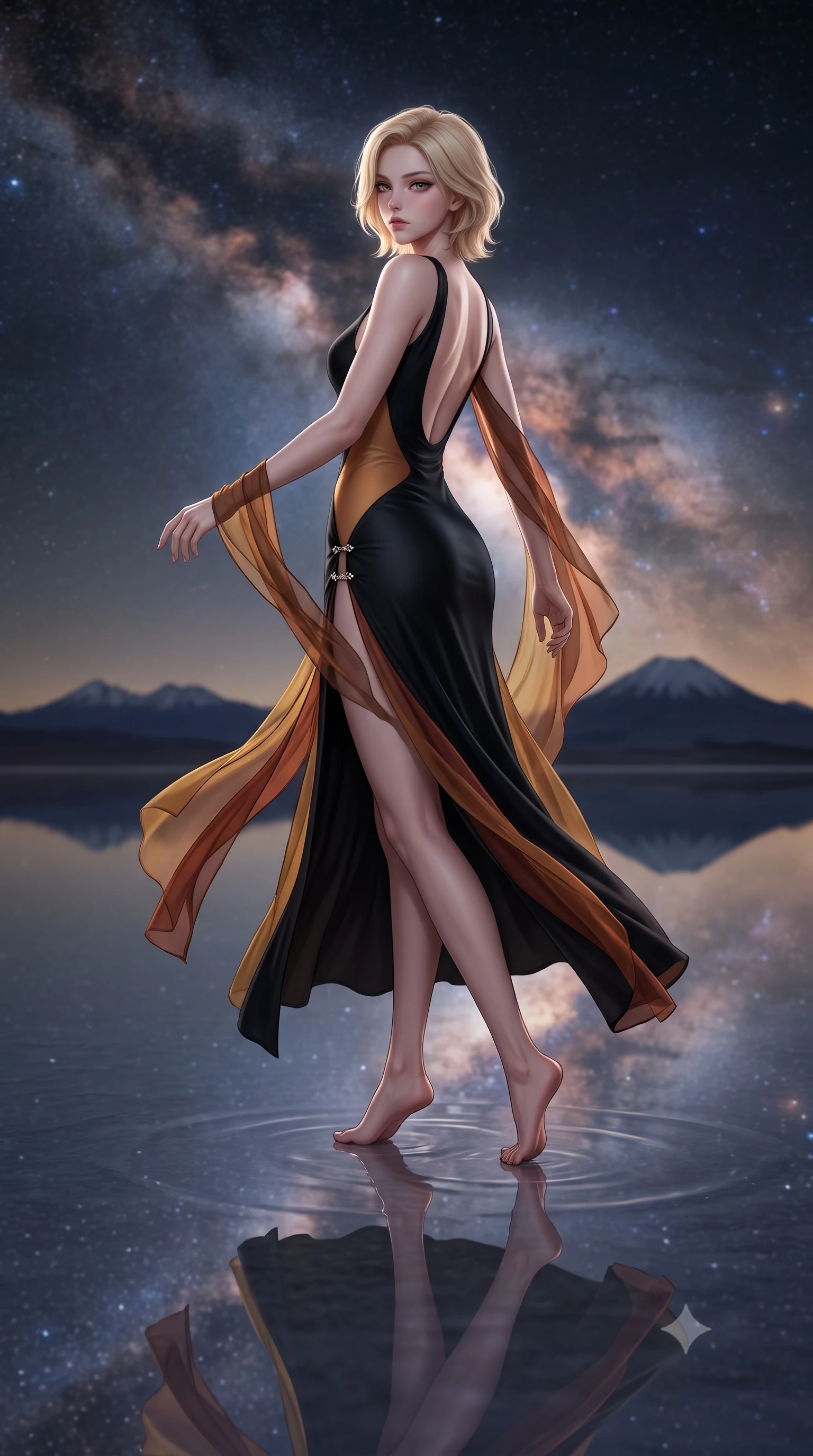 score_9, masterpiece, best quality, ultra-detailed, high-budget anime keyframe, semi-realistic 3D game render, editorial fashion photography, tasteful artistic composition, Caucasian woman. low angle full-body shot from head to toe showing her feet, filling the entire 9:16 vertical frame with her statuesque presence, stretching her vertical silhouette. executing an elegant mid-motion pivot turn as garments swirl around her slender limbs, glancing over her shoulder with an intoxicating bedroom-gaze while standing in paper-thin water on the infinite salt flat, arching her back as the entire Milky Way galaxy reflects flawlessly beneath her feet like a celestial mirror. The composition keeps background elements in soft focus with creamy bokeh. distant Andean volcanic peaks and paper-thin water ripples softened in surreal shallow focus. She has an exceptionally tall and slender model-like 8.5-heads proportion, an ultra-slim waist, a flat toned midriff, narrow delicate ribcage, and beautifully sculpted feminine hips creating a graceful, slim hourglass silhouette without any bulky heaviness, with impossibly long slender legs. sharp v-shaped jawline, high-bridge nose, intricate jewel-like eyes with depth, thick eyelashes, glossy parted lips with a natural sheen, intensely captivating and seductive bedroom-eyes expression, flawlessly proportioned anatomical accuracy, strict slender model proportions, natural body alignment, perfectly sculpted long slender limbs, ultra-slim waistline, clean dynamic posture without body distortion. wearing a second-skin black silk jersey maxi dress with asymmetrical sheer mesh side panels tracing the full curve of her hip in molten desert gold and burnt terracotta, woven from layered gossamer chiffon with a weightless sweeping drape, finished with an ultra-high side slit secured by miniature jeweled clasps, the precision-cut side openings and low-back scoop framing her graceful spine and the sensual sweep of her slim, toned hips. illuminated by soft ambient celestial rim lighting sharply sculpting her razor-sharp jawline, narrow waist, and curvy hips. highly saturated vibrant anime colors, detailed shading with soft gradients, rich glossy textures, high-contrast stereoscopic depth, volumetric dynamic lighting, master piece, 9:16 ratio