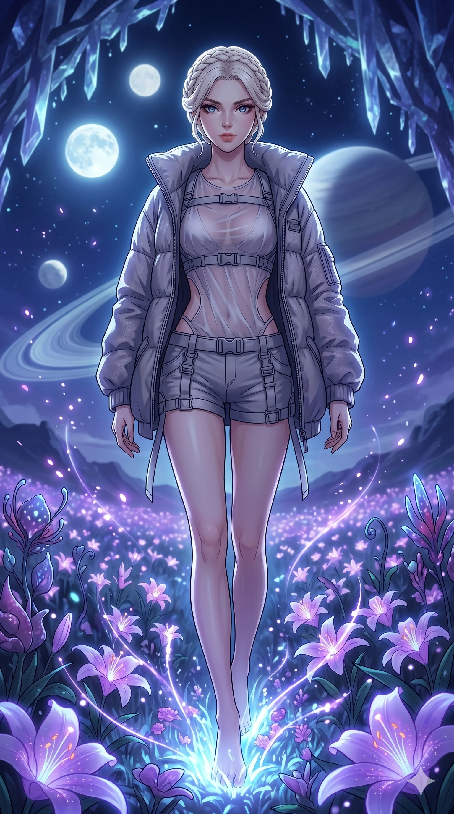 score_9, masterpiece, best quality, ultra-detailed, High-budget Anime Keyframe, vibrant colors, fluid line-art, expressive lighting, cinematic composition, Ufotable-style visual effects, top-tier animation quality, Caucasian woman with pale skin, blonde hair, and (strictly human ears). Cinematic low angle perspective showcasing her towering height and perfect 8-heads proportion. Walking gracefully through a field of bioluminescent lilies that glow brighter as she passes, under a sky filled with three moons. She has an absolutely perfect 8-heads proportion, an exceptionally tall and slender female figure with impossibly long slender legs and an ultra-slim waist, her statuesque height and towering silhouette dominating the vertical 9:16 frame. Her face is a masterpiece featuring a sharp v-shaped jawline, high-bridge nose, intricate jewel-like eyes with depth, thick eyelashes, and glossy lips with a natural sheen. She is wearing a Oversized puffer jacket worn over a micro-shorts and harness set, unzipped to reveal her chest crafted from Sheer silk that is almost transparent, flowing like water around her statuesque frame, featuring strategic side cut-outs that emphasize her ultra-slim waist and hips. The scene is set in a mysterious alien planet with bioluminescent purple flora and a giant ringed planet in the sky, illuminated by ethereal moonlight filtering through a crystalline canopy, creating soft highlights. 2k, ultra detail, master piece, 9:16 ratio