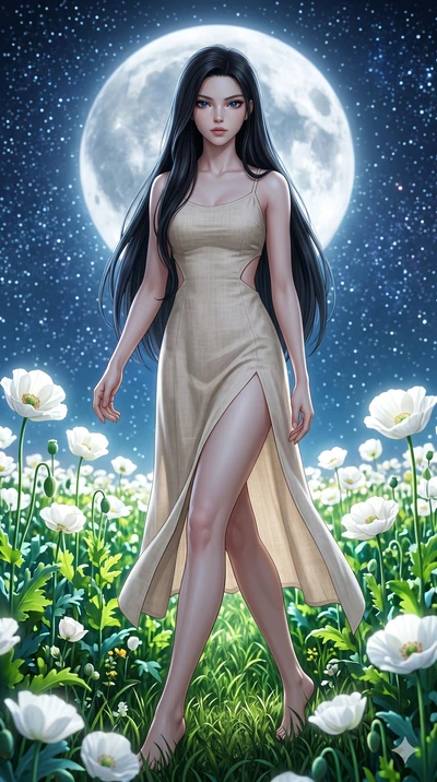 score_9, masterpiece, best quality, ultra-detailed, Set A: Photorealistic 8k CG, Japanese woman. Low angle cowboy shot filling the entire 9:16 frame with her statuesque presence. Walking through a field of white poppies under a silver moon. She has a