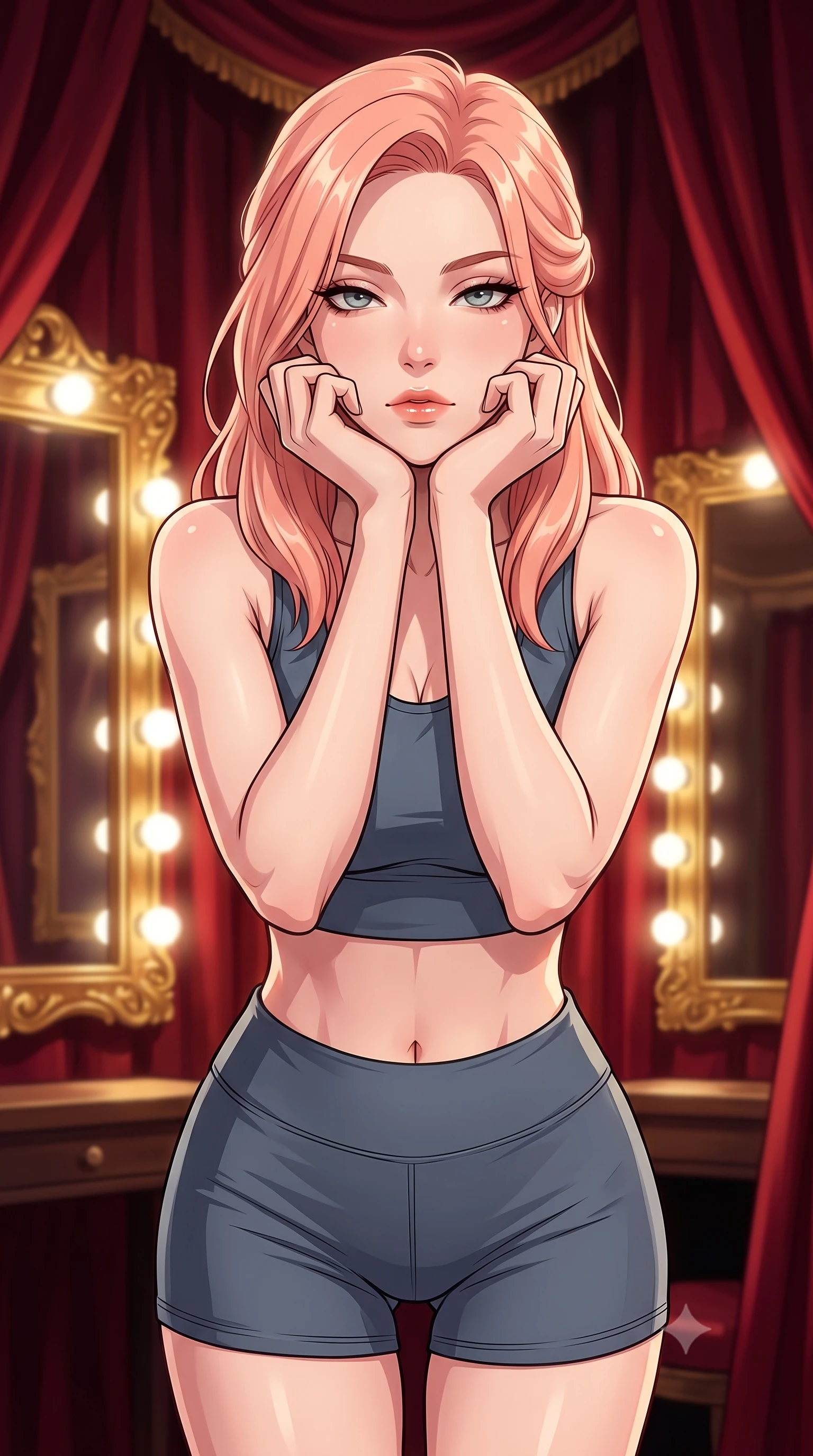 score_9, masterpiece, best quality, ultra-detailed, high-budget anime keyframe, tasteful artistic composition, Japanese woman. close-up cowboy shot from the waist and thighs up, the character dominates the composition, filling the frame with her large presence, background elements kept in soft focus. resting her chin on the backs of her fingers, casting a heavy-lidded, sultry look past the camera the background shows a soft-focus an old theater dressing room with heavy red velvet curtains and gold mirrors. She has an exceptionally elegant, slender, and willowy female figure with an ultra-slim waist, a gracefully sculpted slender torso, and a refined silhouette. sharp v-shaped jawline, high-bridge nose, intricate jewel-like eyes with depth, thick eyelashes, glossy lips with a natural sheen. wearing a tailored body-hugging athletic crop top and high-waisted shorts set in slate grey. soft vanity lighting reflecting off the mirrors to create a glowing frame. highly saturated vibrant anime colors, cel-shading, 2d style, master piece, 9:16 ratio