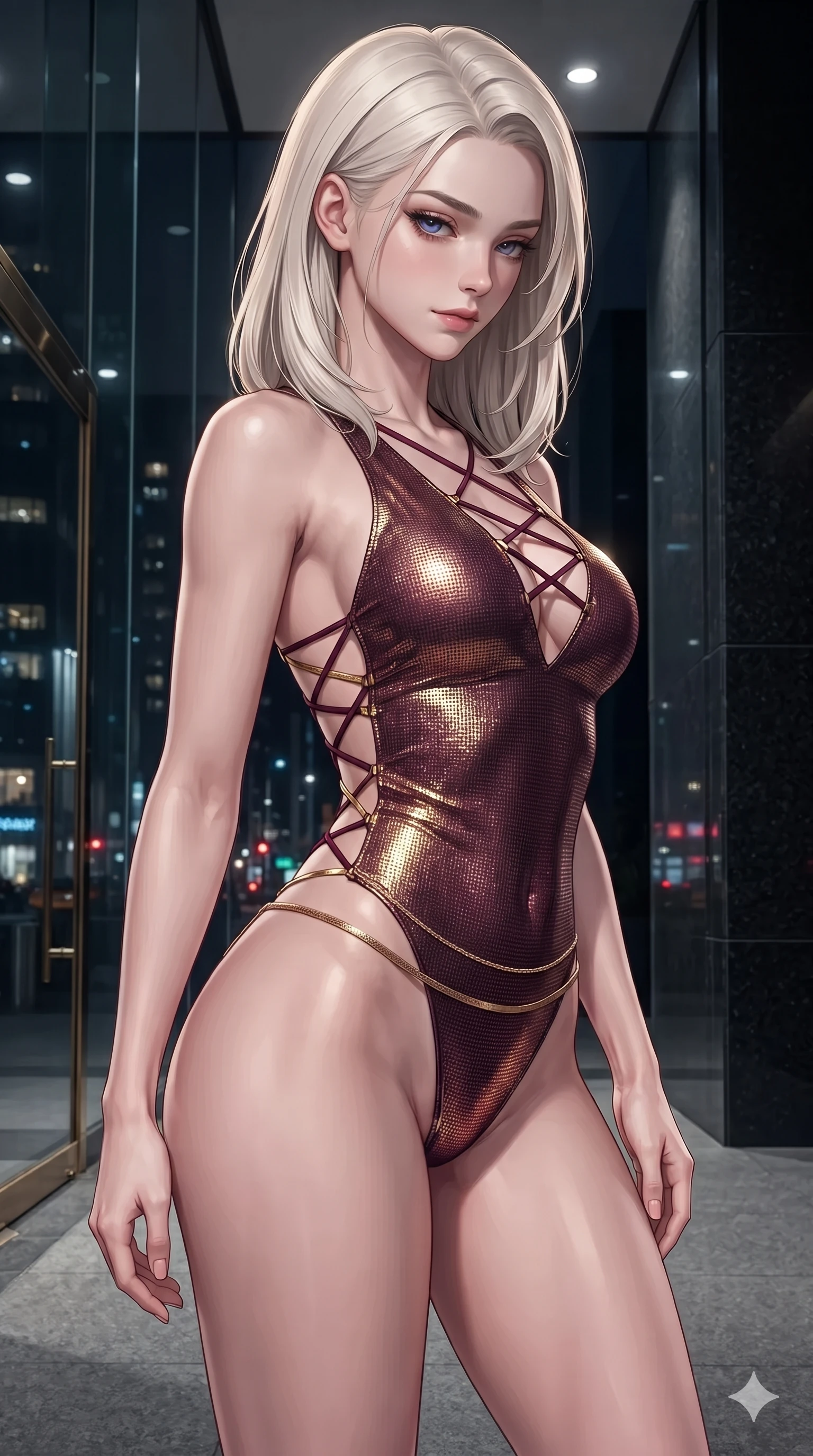 score_9, masterpiece, best quality, ultra-detailed, high-budget anime keyframe, editorial fashion photography, tasteful artistic composition, Caucasian woman. close-up cowboy shot from the waist and thighs up, the character dominates the composition, filling the frame with her large presence. glancing down over lowered lashes before meeting the camera with quiet, devastating intensity, her tailored outfit tracing her ultra-slim waist and hips while standing poised beside the towering frameless glass facade, arching her lower back to emphasize her curvy hips against the minimalist interior. The surrounding environment is rendered in vivid detail and crisp panoramic clarity: sharp seamless vitrine glass edges, honed black granite cladding, and polished brass door trim in deep focus. She has an exceptionally elegant, slender, and willowy female figure with an ultra-slim waist, flat toned midriff, narrow ribcage, and sculpted feminine hips creating an alluring, slim hourglass silhouette without bulk. sharp v-shaped jawline, high-bridge nose, intricate jewel-like dark sparkling eyes with dangerous depth, thick curled eyelashes, glossy parted lips with a rich wine sheen, smoldering seductive half-smile with bedroom-eyes, exuding effortless superiority and intoxicating dark allure, flawlessly proportioned anatomical accuracy, strict slender model proportions, natural body alignment, perfectly sculpted long slender limbs, ultra-slim waistline, clean dynamic posture without body distortion. wearing a low-slung cutaway leather bodysuit with bare hip flanks and criss-cross cord ties in deep wine burgundy and lustrous gold foil, crafted from stretch micro-mesh with metallic foil coating that shimmers in the city night lights, finished with a delicate gold snake chain belt resting loosely across her curvy hips, the form-fitting cut adhering flawlessly to her sculpted flat midriff and slender torso, emphasizing her long leg lines and perfectly proportioned willowy build. illuminated by polished stone walkway bounce and sharp platinum-gold rim lights sculpting her razor-sharp jawline, narrow waist, and curvy hips. ultra-reflective glossy finish, specular highlights, rich textural contrasts, high-contrast stereoscopic depth, volumetric dynamic lighting, 2k, ultra detail, master piece, 9:16 ratio