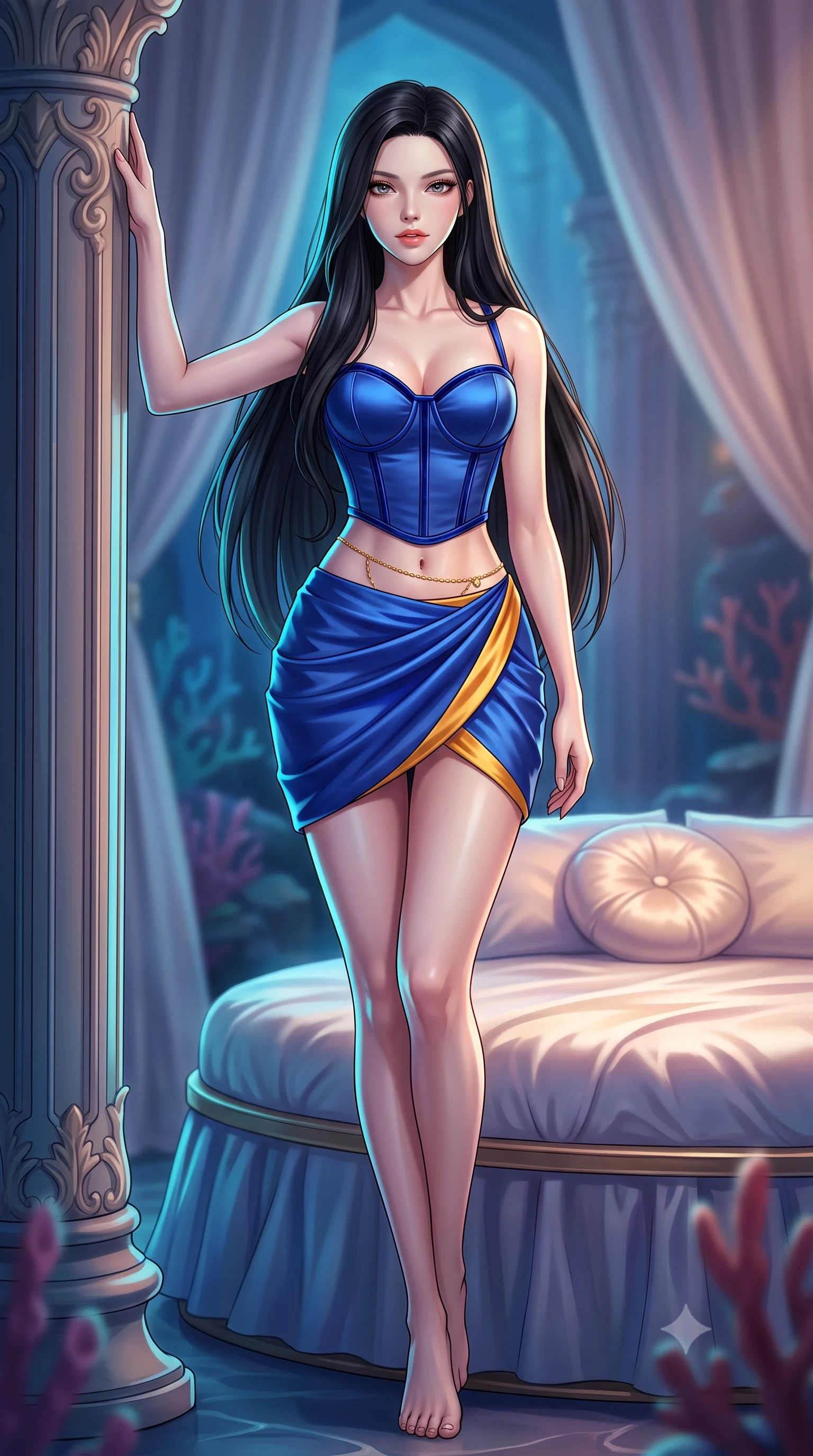 score_9, masterpiece, best quality, ultra-detailed, high-budget anime keyframe, semi-realistic 3D game render, editorial fashion photography, tasteful artistic composition, Korean woman. low angle full-body shot from head to toe showing her feet, filling the entire 9:16 vertical frame with her statuesque presence, stretching her vertical silhouette. standing tall beside the architectural column, one hand resting high while arching her lower back to emphasize her sculpted feminine hips and slender waist while reclining across the circular silk bed propped on one elbow, her statuesque 8.5-heads silhouette commanding the glowing subterranean coral kingdom. The background shows a soft-focus interior silk bed drapes softened in avant-garde sub-aquatic luxury shallow focus. She has an absolutely perfect, statuesque 8.5-heads proportion, an exceptionally tall and slender model-like female figure with impossibly long slender legs, an ultra-slim waist, a flat toned midriff, narrow delicate ribcage, and beautifully sculpted feminine hips creating a graceful, slim hourglass silhouette without any bulky heaviness. sharp v-shaped jawline, high-bridge nose, sparkling eyes with hypnotic seductive depth, thick curled eyelashes, glossy parted lips with a natural dewy peach sheen, alluring bedroom-eyes with an enchanting coquettish smile, exuding magnetic siren charisma and sophisticated glamour, flawlessly proportioned anatomical accuracy, strict slender model proportions, natural body alignment, perfectly sculpted long slender limbs, ultra-slim waistline, clean dynamic posture without body distortion. wearing a structured boned satin corset bodice with crushed velvet piping paired with a draped tulip mini skirt in Marrakesh cobalt majorelle blue and saffron gold, crafted from fluid liquid silk satin that clings smoothly to every curve with a dewy sheen, accented with a dainty gold belly chain resting across her flat midriff and curving hips, the glove-like clinging cut tightly following the natural contour of her hips and long slender legs with youthful 8.5-heads elegance. illuminated by dome acrylic reflection fill and sharp electric-cyan rim lights sculpting her jawline, flat midriff, and voluptuous hip curves. highly saturated vibrant anime colors, detailed shading with soft gradients, rich glossy textures, high-contrast stereoscopic depth, volumetric dynamic lighting, master piece, 9:16 ratio