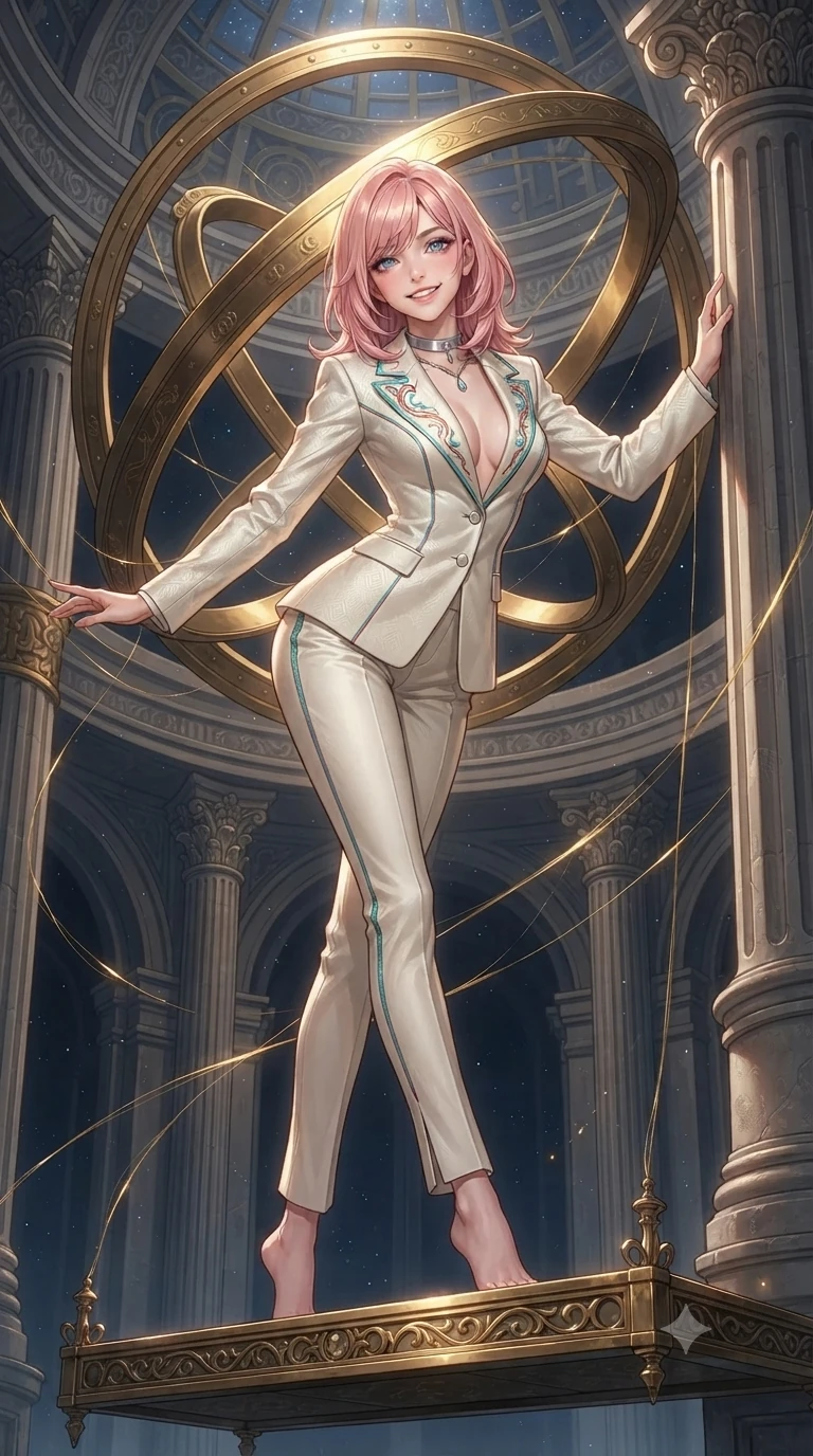 score_9, masterpiece, best quality, ultra-detailed, high-budget anime keyframe, editorial fashion photography, tasteful artistic composition, Japanese woman. low angle full-body shot from head to toe showing her feet, filling the entire 9:16 vertical frame with her statuesque presence, stretching her vertical silhouette. standing tall beside the architectural column, one hand resting high while arching her lower back to emphasize her sculpted feminine hips and slender waist while standing poised on the suspended brass gantry beneath giant interlocking armillary rings, arching her lower back as fine threads of liquid gold weave through the air. The surrounding environment is rendered in vivid detail and crisp panoramic clarity: detailed garment tailoring, metallic hardware accents, and monumental Renaissance astronomical engineering in high resolution. She has an exceptionally tall and slender model-like 8.5-heads proportion, an ultra-slim waist, a flat toned midriff, narrow delicate ribcage, and beautifully sculpted feminine hips creating a graceful, slim hourglass silhouette without any bulky heaviness, with impossibly long slender legs. sharp v-shaped jawline, high-bridge nose, intricate jewel-like sparkling eyes with depth, thick eyelashes, glossy parted lips with a natural peach sheen, bright cheerful beaming smile with an enchanting and coquettish sensual glint, exuding both youthful cute charm and seductive allure, flawlessly proportioned anatomical accuracy, strict slender model proportions, natural body alignment, perfectly sculpted long slender limbs, ultra-slim waistline, clean dynamic posture without body distortion. wearing a bespoke celestial tailored pantsuit in liquid ivory silk with golden kintsugi embroidery tracing the lapels in cyber-shinto vermilion and laser turquoise, woven from structured carbon-fiber jacquard with rich textural depth, finished with a minimalist chrome choker and a single teardrop diamond pendant, the bespoke structured tailoring following the natural line of her 8.5-heads silhouette with refined elegance. bathed in cold diamond starlight contrasted with the radiant warm gold of glowing armillary threads. ultra-reflective glossy finish, specular highlights, rich textural contrasts, high-contrast stereoscopic depth, volumetric dynamic lighting, 2k, ultra detail, master piece, 9:16 ratio