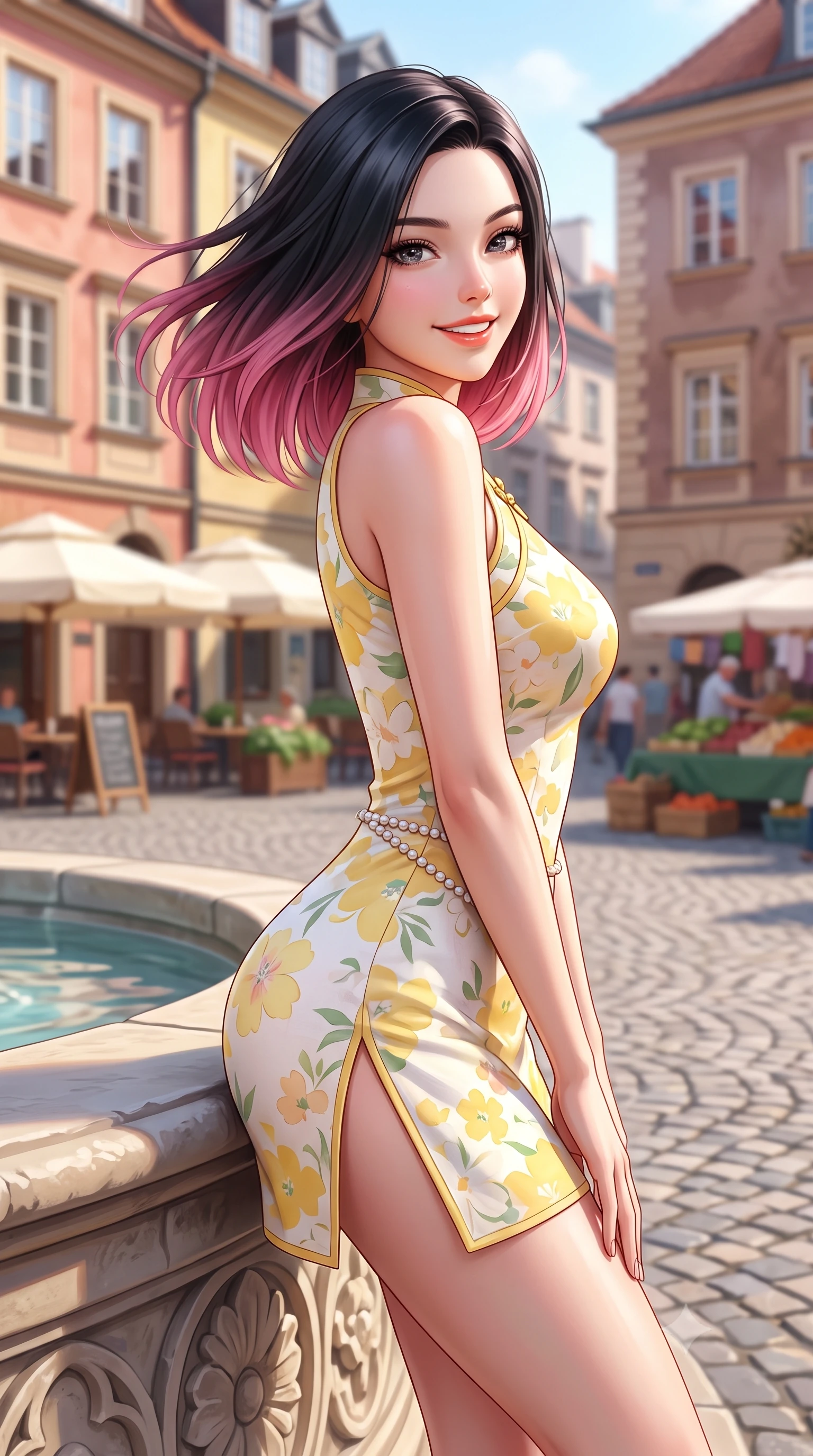 score_9, masterpiece, best quality, ultra-detailed, high-budget anime keyframe, semi-realistic 3D game render, editorial fashion photography, tasteful artistic composition, Korean woman. close-up cowboy shot from the waist and thighs up, the character dominates the composition, filling the frame with her large presence. turning playfully with a bright confident smile, her glossy hair tossing in the breeze as her hips angle gracefully in a captivating contrapposto while leaning against a carved stone fountain rim with hips cocked back, looking over a bare shoulder with an alluring, carefree girlhood gaze. The composition keeps background elements in soft focus with dreamy creamy bokeh. outdoor cafe umbrellas and historic cobblestone square softened in cheerful Scandinavian shallow focus. She has an exceptionally elegant, slender, and willowy female figure with an ultra-slim waist, flat toned midriff, narrow ribcage, and sculpted feminine hips creating an alluring, slim hourglass silhouette without bulk. sharp v-shaped jawline, high-bridge nose, intricate jewel-like sparkling eyes with depth, thick eyelashes, glossy parted lips with a natural peach sheen, bright cheerful beaming smile with an enchanting and coquettish sensual glint, exuding both youthful cute charm and seductive allure, flawlessly proportioned anatomical accuracy, strict slender model proportions, natural body alignment, perfectly sculpted long slender limbs, ultra-slim waistline, clean dynamic posture without body distortion. wearing a modern cute qipao mini dress with double side slits ascending to the hip in pastel floral silk in bright butter yellow and fresh cream white, crafted from soft breathable linen with effortless natural drape, accented with a dainty pearl waist chain catching the ambient sunlight, the high-waisted tailoring accentuating her ultra-slim waistline and the enchanting curve of her feminine hips with alluring charm. illuminated by vibrant painted facade bounce light contouring her razor-sharp jawline, narrow waist, and curvy hips. highly saturated vibrant anime colors, detailed shading with soft gradients, rich glossy textures, high-contrast stereoscopic depth, volumetric dynamic lighting, master piece, 9:16 ratio