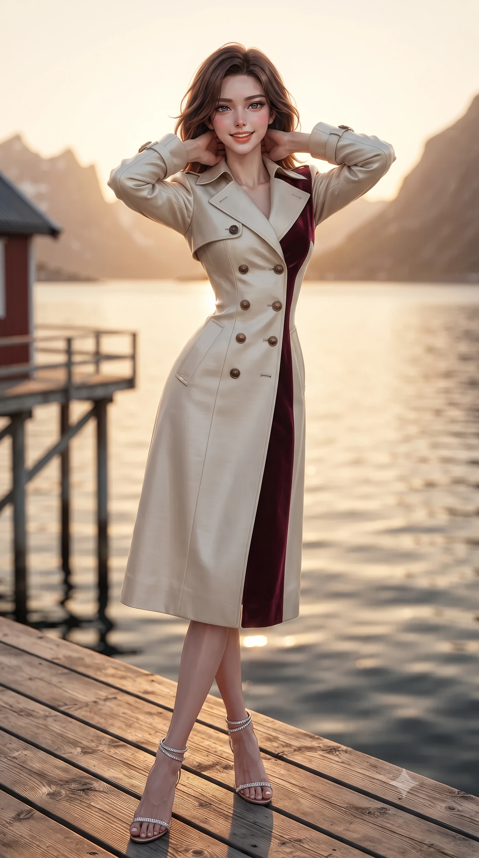 score_9, masterpiece, best quality, ultra-detailed, high-budget anime keyframe, editorial fashion photography, tasteful artistic composition, Korean woman. close-up cowboy shot from the waist and thighs up, the character dominates the composition, filling the frame with her large presence. resting both hands lightly behind her neck with elbows raised, arching her spine to highlight her narrow waist, flat midriff, and breathtaking collarbones while standing poised on the weathered pine deck of the modern luxury Rorbu cabin perched on stilts over Reinefjorden, arching her spine with siren grace as the golden midnight sun bathes the peaks in amber. The background shows a soft-focus gentle midnight fjord water ripples softened in iconic Arctic Norwegian shallow focus. She has an exceptionally elegant, slender, and willowy female figure with an ultra-slim waist, flat toned midriff, narrow ribcage, and sculpted feminine hips creating an alluring, slim hourglass silhouette without bulk. sharp v-shaped jawline, high-bridge nose, intricate jewel-like sparkling eyes with depth, thick eyelashes, glossy parted lips with a natural peach sheen, bright cheerful beaming smile with an enchanting and coquettish sensual glint, exuding both youthful cute charm and seductive allure, flawlessly proportioned anatomical accuracy, strict slender model proportions, natural body alignment, perfectly sculpted long slender limbs, ultra-slim waistline, clean dynamic posture without body distortion. wearing a structured Tulum raw silk safari trench coat with horn buttons and storm flaps in Belvedere ivory pearl and Habsburg bordeaux wine, tailored from ultra-plush silk velvet with rich tactile depth and deep shadow gradients, complemented by strappy stiletto sandals with crystal ankle wraps accentuating her slender calves, the impeccably tailored cut draping gracefully along her slender figure with aristocratic poise. bathed in the surreal perpetual 3000K golden amber warmth of the Arctic midnight sun hanging low on the horizon. ultra-reflective glossy finish, specular highlights, rich textural contrasts, high-contrast stereoscopic depth, volumetric dynamic lighting, 2k, ultra detail, master piece, 9:16 ratio