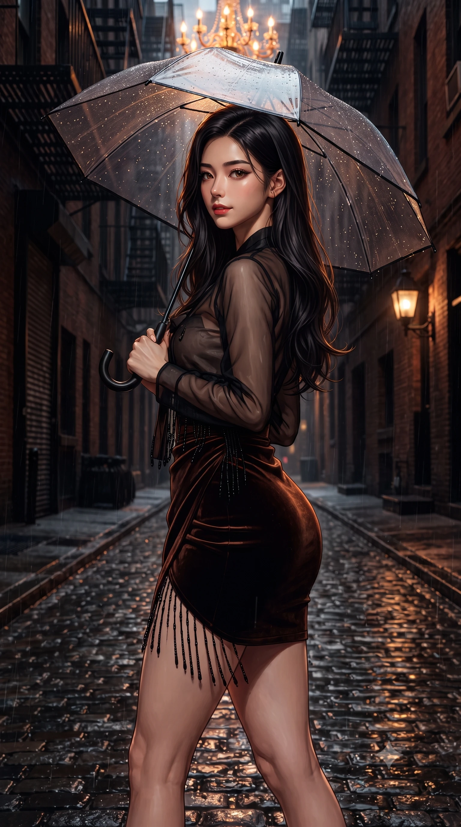 score_9, masterpiece, best quality, ultra-detailed, high-budget anime keyframe, editorial fashion photography, tasteful artistic composition, Japanese woman. close-up cowboy shot from the waist and thighs up, the character dominates the composition, filling the frame with her large presence. turning slowly with a smoldering smile, her glossy dark hair catching the amber chandelier rim light as her hips angle gracefully in a captivating contrapposto while striding down the wet cobblestone street beneath a transparent black vinyl umbrella, hips swaying in an alluring kinetic rhythm that accentuates her curvaceous hourglass silhouette. The surrounding environment is rendered in vivid detail and crisp panoramic clarity. detailed rain droplet streaks, fine leather sheen, and atmospheric Meatpacking alley clarity in high resolution. She has an exceptionally elegant, slender, and willowy female figure with an ultra-slim waist, flat toned midriff, narrow ribcage, and sculpted feminine hips creating an alluring, slim hourglass silhouette without bulk. sharp v-shaped jawline, high-bridge nose, intricate jewel-like dark sparkling eyes with dangerous depth, thick curled eyelashes, glossy parted lips with a rich wine sheen, smoldering seductive half-smile with bedroom-eyes, exuding effortless superiority and intoxicating dark allure, flawlessly proportioned anatomical accuracy, strict slender model proportions, natural body alignment, perfectly sculpted long slender limbs, ultra-slim waistline, clean dynamic posture without body distortion. wearing a modern fusion dark hanbok mini dress with a sheer silk organza jeogori and high-waisted velvet wrap skirt in dark burnt copper and matte black, made of liquid-tight stretch jersey emphasizing every curve of her body, accented with fine jet-black beaded tassels that sway with each movement, the high-waisted tailoring accentuating her ultra-slim waistline and the enchanting curve of her feminine hips with alluring dark charm. bathed in the warm nostalgic glow of gaslamp lanterns casting rich amber light from above. ultra-reflective glossy finish, specular highlights, rich textural contrasts, high-contrast stereoscopic depth, volumetric dynamic lighting, 2k, ultra detail, master piece, 9:16 ratio