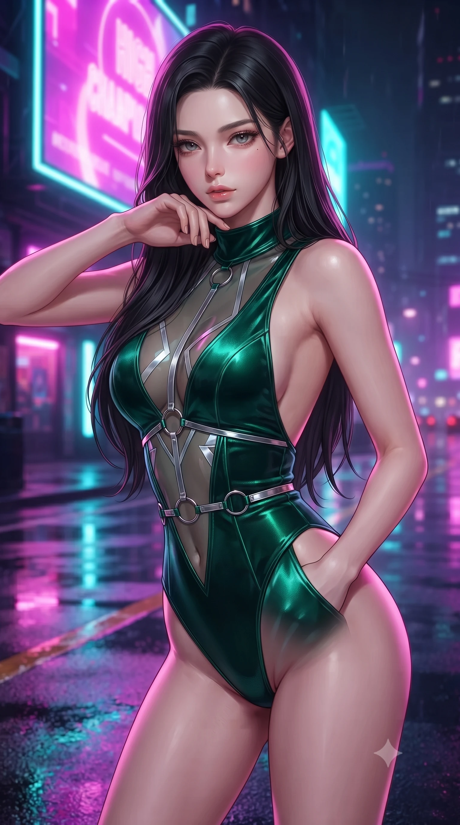 score_9, masterpiece, best quality, ultra-detailed, high-budget anime keyframe, editorial fashion photography, tasteful artistic composition, Korean woman. close-up cowboy shot from the waist and thighs up, the character dominates the composition, filling the frame with her large presence, background elements kept in soft focus. Leaning slightly forward with a composed, seductive gaze under soft glowing light poised under a towering neon billboard emitting vibrant magenta and cyan light, wet asphalt reflecting glowing pink, purple, and aqua neon light bars. She has an exceptionally elegant, slender, and willowy female figure with an ultra-slim waist, a gracefully sculpted slender torso, and a refined silhouette. sharp v-shaped jawline, high-bridge nose, intricate jewel-like eyes with depth, thick eyelashes, glossy lips with a natural sheen. wearing a high-cut translucent vinyl leotard with front paneling and open back in deep emerald green and silver accent, made of premium stretch velvet with a rich sheen, accented with delicate chrome ring hardware framing her waist, the tailored fabric tightly following every curve of her athletic build. surrounded by a high-energy futuristic nightlife atmosphere. highly saturated vibrant anime colors, detailed shading with soft gradients, rich glossy textures, high-contrast stereoscopic depth, volumetric dynamic lighting, master piece, 9:16 ratio