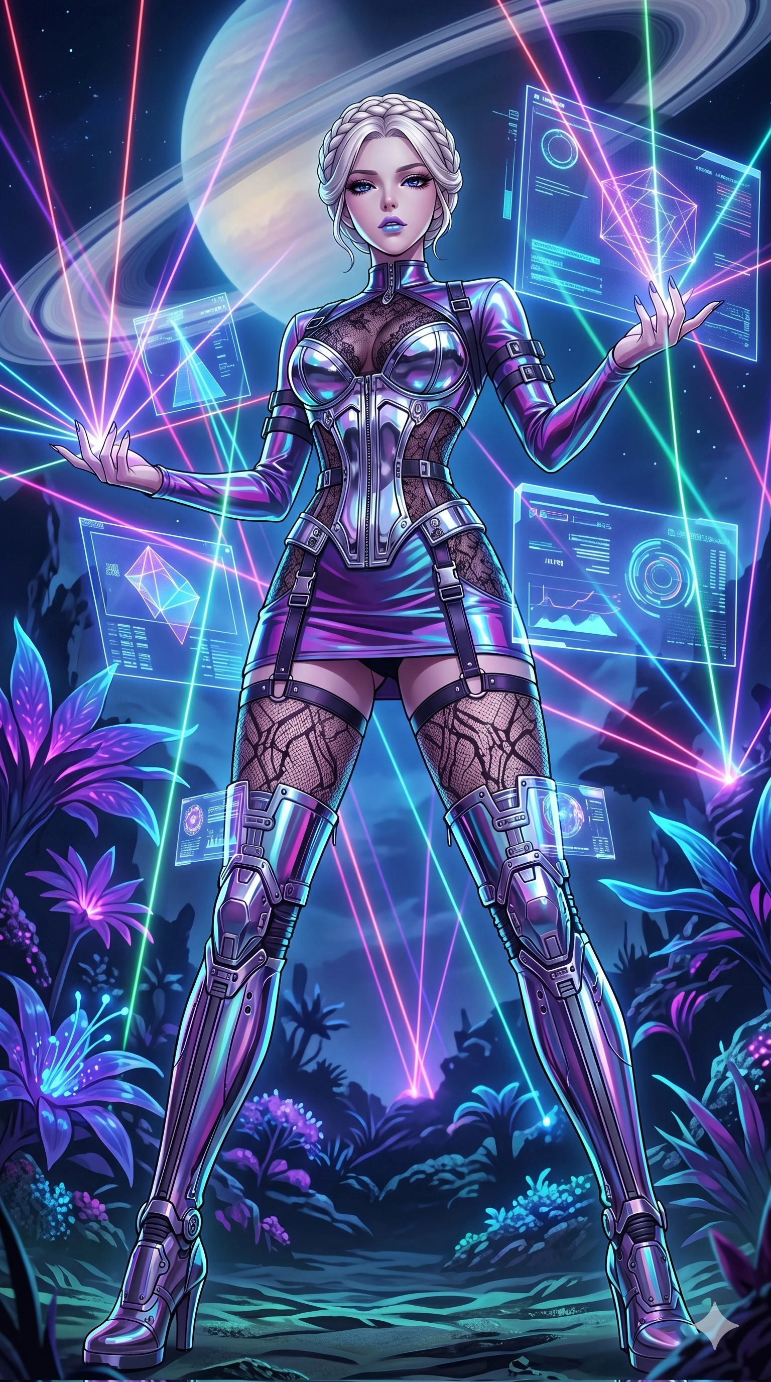 score_9, masterpiece, best quality, ultra-detailed, High-budget Anime Keyframe, vibrant colors, fluid line-art, expressive lighting, cinematic composition, Ufotable-style visual effects, top-tier animation quality, Korean woman with idol-like refined features. Dramatic low angle looking up at her majestic stature, dominating the vertical space of the composition. Orchestrating a complex symphony of laser lights and holographic projections in a grand futuristic concert hall. She has an absolutely perfect 8-heads proportion, an exceptionally tall and slender female figure with impossibly long slender legs and an ultra-slim waist, her statuesque height and towering silhouette dominating the vertical 9:16 frame. Her face is a masterpiece featuring a sharp v-shaped jawline, high-bridge nose, intricate jewel-like eyes with depth, thick eyelashes, and glossy lips with a natural sheen. She is wearing a Chrome-plated corset over a sheer lace base with tactical straps and metallic buckles crafted from Iridescent vinyl with a futuristic sheen that shifts between violet and cyan, accompanied by sensual fishnet stockings and thigh-high metallic boots. The scene is set in a mysterious alien planet with bioluminescent purple flora and a giant ringed planet in the sky, illuminated by harsh neon light and deep shadows creating a high-contrast noir aesthetic. 2k, ultra detail, master piece, 9:16 ratio