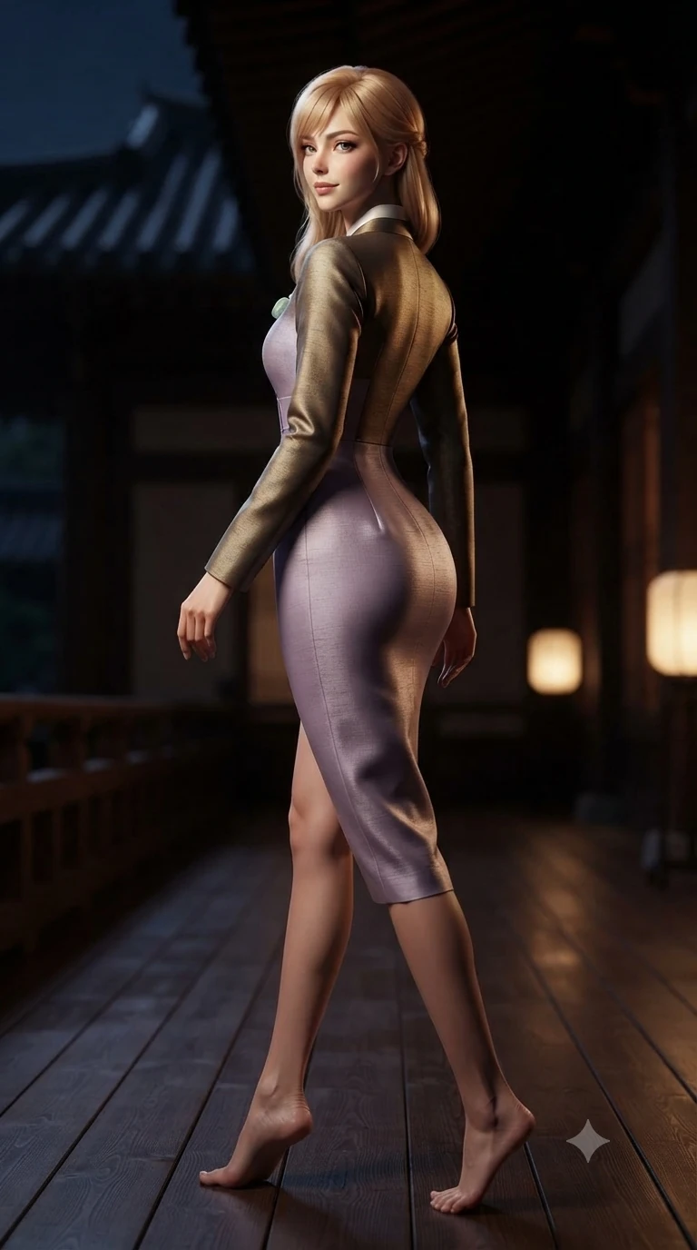 score_9, masterpiece, best quality, ultra-detailed, high-budget anime keyframe, editorial fashion photography, tasteful artistic composition, Caucasian woman. low angle full-body shot from head to toe showing her feet, filling the entire 9:16 vertical frame with her statuesque presence, stretching her vertical silhouette. walking along the waterfront terrace with poise, looking back over her bare shoulder with an irresistible smoldering bedroom-gaze while twisting her slender torso in an alluring S-curve against the dark wood framing, moonlight and interior paper lantern glow tracing her curves. The background shows a soft-focus classical palace gallery softened in architectural frame shallow focus. She has an absolutely perfect, statuesque 8.5-heads proportion, an exceptionally tall and slender model-like female figure with impossibly long slender legs, an ultra-slim waist, a flat toned midriff, narrow delicate ribcage, and beautifully sculpted feminine hips creating a graceful, slim hourglass silhouette without any bulky heaviness. sharp v-shaped jawline, high-bridge nose, sparkling eyes with hypnotic seductive depth, thick curled eyelashes, glossy parted lips with a natural dewy peach sheen, alluring bedroom-eyes with an enchanting coquettish smile, exuding magnetic siren charisma and sophisticated glamour, flawlessly proportioned anatomical accuracy, strict slender model proportions, natural body alignment, perfectly sculpted long slender limbs, ultra-slim waistline, clean dynamic posture without body distortion. wearing a tailored silk faille evening gown with traditional curved dongjeong collar and tailored sleeves in vintage bronze patina and pale wisteria lilac, woven from bespoke Korean ramie fabric with crisp tactile slub texture, finished with a minimalist celadon porcelain pendant on a fine silk cord, the bespoke structured tailoring following the natural line of her 8.5-heads silhouette with refined elegance. illuminated by timber floor bounce and sharp rose-gold rim lights defining her razor-sharp jawline, narrow waist, and curvy hips. ultra-reflective glossy finish, specular highlights, rich textural contrasts, high-contrast stereoscopic depth, volumetric dynamic lighting, 2k, ultra detail, master piece, 9:16 ratio
