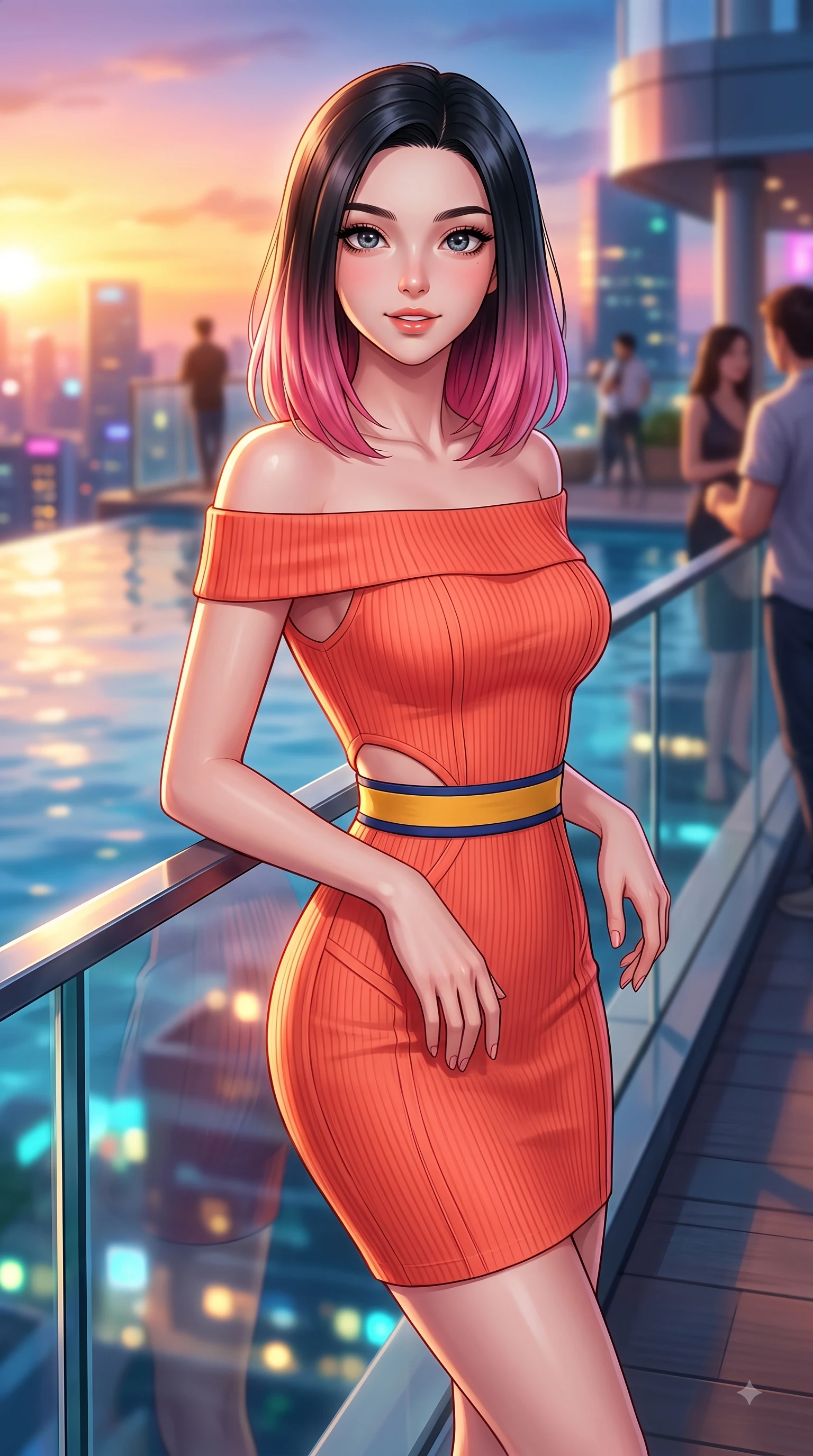 score_9, masterpiece, best quality, ultra-detailed, high-budget anime keyframe, editorial fashion photography, tasteful artistic composition, Korean woman. close-up cowboy shot from the waist and thighs up, the character dominates the composition, filling the frame with her large presence. Expectant hopeful expression with wide sparkling eyes and a soft eager smile as if waiting for a loved one while leaning against a sleek glass railing overlooking a vibrant urban skyline. The composition keeps background elements in soft focus with dreamy bokeh. infinity pool water reflections and glass railings softened in smooth shallow focus. She has an exceptionally elegant, slender, and willowy female figure with an ultra-slim waist, a gracefully sculpted slender torso, and a refined silhouette. sharp v-shaped jawline, high-bridge nose, intricate jewel-like eyes with depth, thick eyelashes, glossy lips with a natural sheen, flawlessly proportioned anatomical accuracy, natural body alignment, perfectly sculpted elegant limbs, clean dynamic posture without body distortion. wearing a bold coral orange off-shoulder ribbed knit dress with a fitted waist belt in sunflower yellow and royal navy blue, crafted from soft breathable Italian linen, complemented by clean architectural seams and subtle cutouts, the form-contouring material accentuating her ultra-slim waist and long lines. bathed in dramatic golden hour sunset glow and vibrant urban night lights. highly saturated vibrant anime colors, detailed shading with soft gradients, rich glossy textures, high-contrast stereoscopic depth, volumetric dynamic lighting, master piece, 9:16 ratio