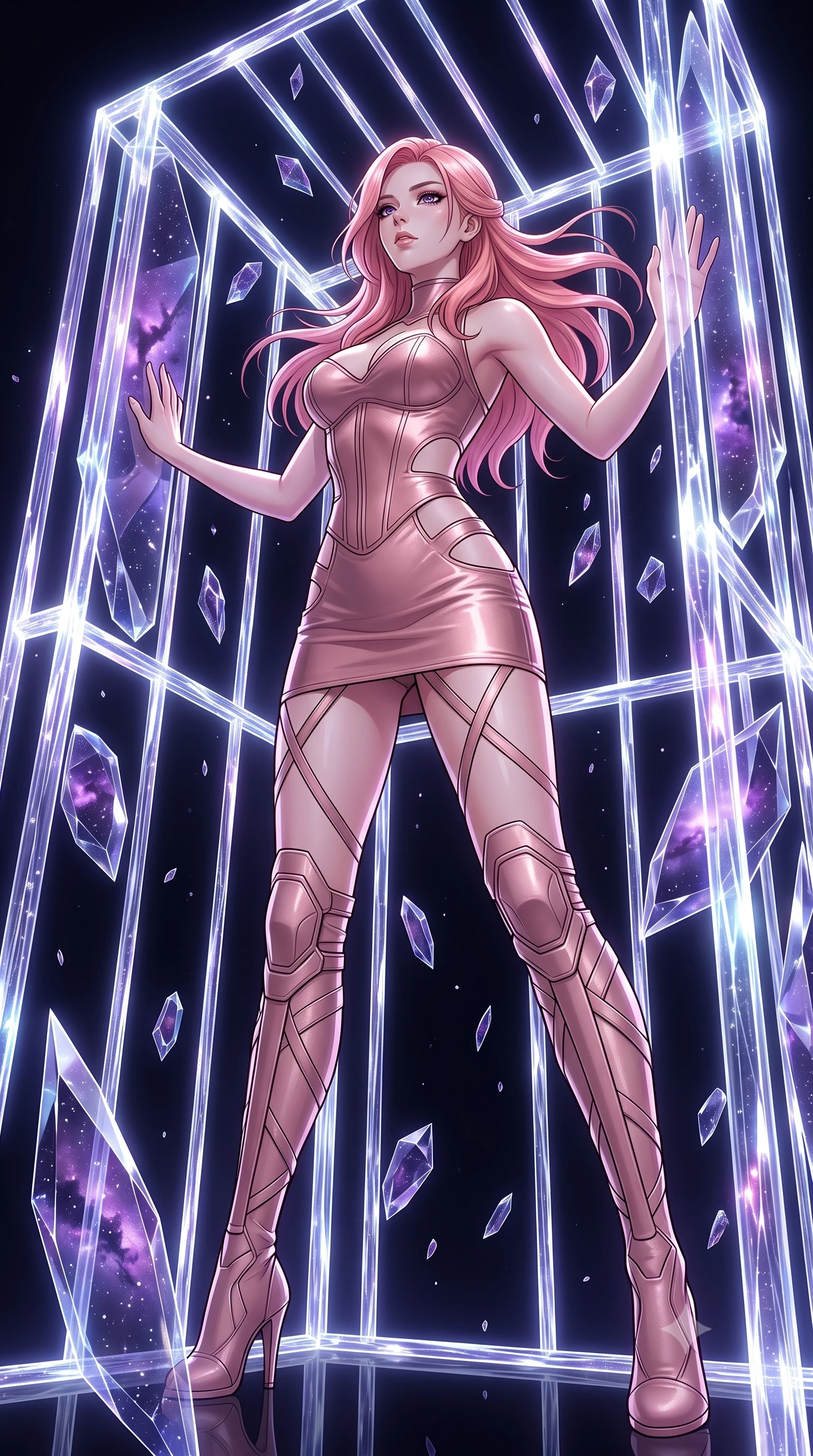 score_9, masterpiece, best quality, ultra-detailed, High-budget Anime Keyframe, East Asian woman. Low angle cowboy shot filling the entire 9:16 frame with her statuesque presence. Scenario 534: trapped in a cage of glowing crystalline fibers, her body pressing against the bars, in a dark void filled with floating crystal shards reflecting purple nebulae. Her presence is magnetic and overpowering in this high-budget anime scene. Outfit 534: a body-hugging rose-gold matte vinyl corset dress with strategic waist cut-outs and slender leg straps. The clothing is designed to emphasize her exceptionally tall and slender 8-heads proportion. 8-heads proportion, towering silhouette, ultra-slim waist. sharp v-shaped jawline, intricate jewel-like eyes with depth, thick eyelashes, glossy lips. 2k, ultra detail, master piece, 9:16 ratio