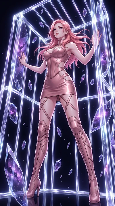 score_9, masterpiece, best quality, ultra-detailed, High-budget Anime Keyframe, East Asian woman. Low angle cowboy shot filling the entire 9:16 frame with her statuesque presence. Scenario 534: trapped in a cage of glowing crystalline fibers, her bod