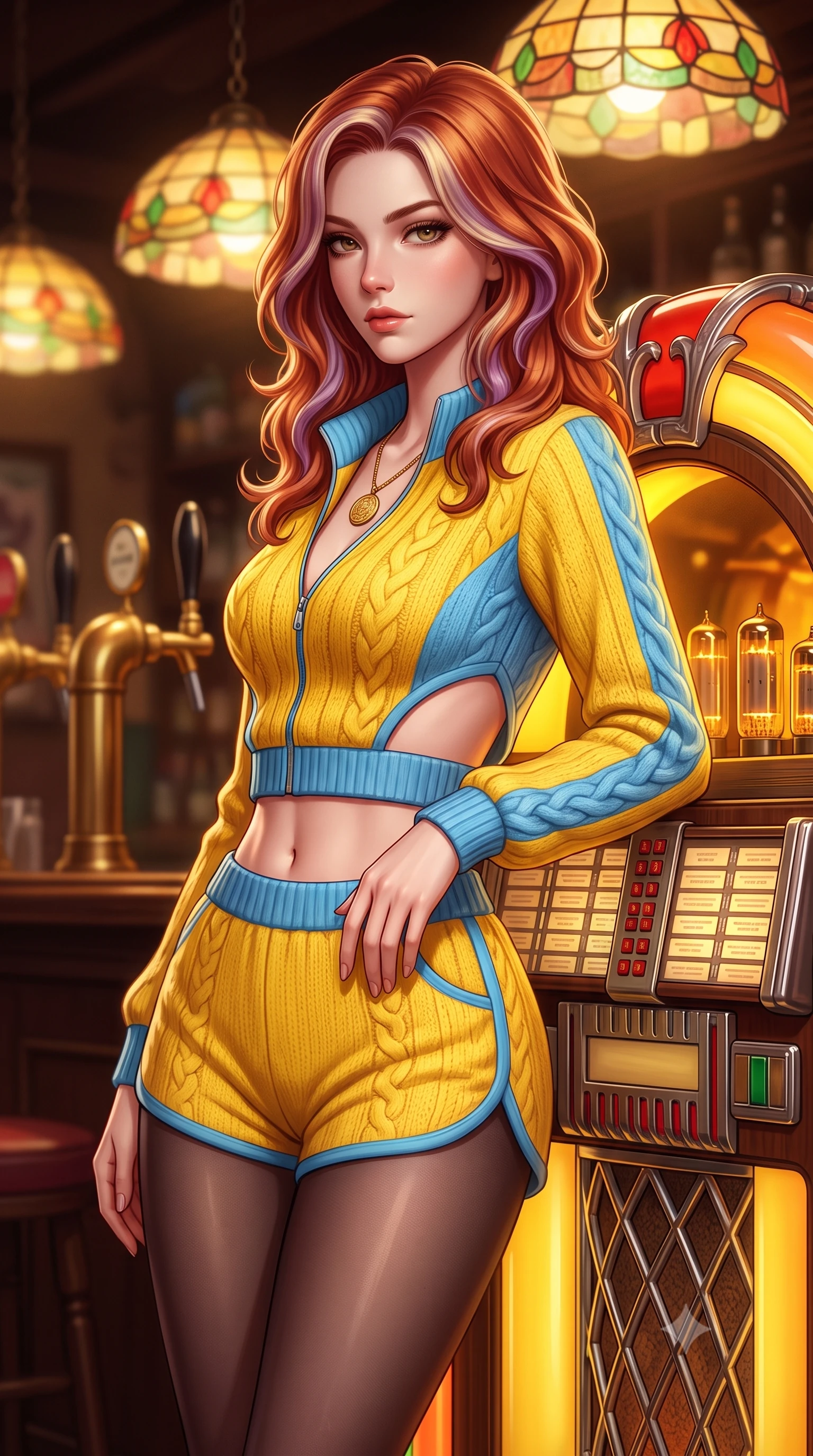 score_9, masterpiece, best quality, ultra-detailed, high-budget anime keyframe, semi-realistic 3D game render, editorial fashion photography, tasteful artistic composition, Caucasian woman. close-up cowboy shot from the waist and thighs up, the character dominates the composition, filling the frame with her large presence. turning over her shoulder with an indomitable, smoldering gaze, her soft hair framing her razor-sharp v-shaped jawline while leaning against a classic jukebox as warm golden tubes glow behind her, tapping her foot to an old groove. The composition keeps background elements in soft focus with creamy bokeh. stained glass pendant lamps and brass bar taps softened in cozy analog depth of field. She has an exceptionally elegant, slender, and willowy female figure with an ultra-slim waist, a gracefully sculpted slender torso, toned flat midriff, and a refined slim silhouette. sharp v-shaped jawline, high-bridge nose, intricate jewel-like eyes with depth, thick eyelashes, glossy lips with a natural sheen, captivating and magnetic expression, flawlessly proportioned anatomical accuracy, strict slender model proportions, natural body alignment, perfectly sculpted long slender limbs, ultra-slim waistline, clean dynamic posture without body distortion. wearing a sporty 80s retro track jacket paired with high-waisted dolphin running shorts and tube socks in sunny retro canary yellow and sky blue, knitted from soft cozy lambswool yarn with cable-knit textures, accented with a vintage gold coin pendant necklace and dark sheer tights, the precision-cut daring openings accentuating her delicate midriff, graceful bare collarbones, and ultra-slim feminine waistline. bathed in warm amber incandescent lamp glow and golden vacuum tube ambient warmth. highly saturated vibrant anime colors, detailed shading with soft gradients, rich glossy textures, high-contrast stereoscopic depth, volumetric dynamic lighting, master piece, 9:16 ratio