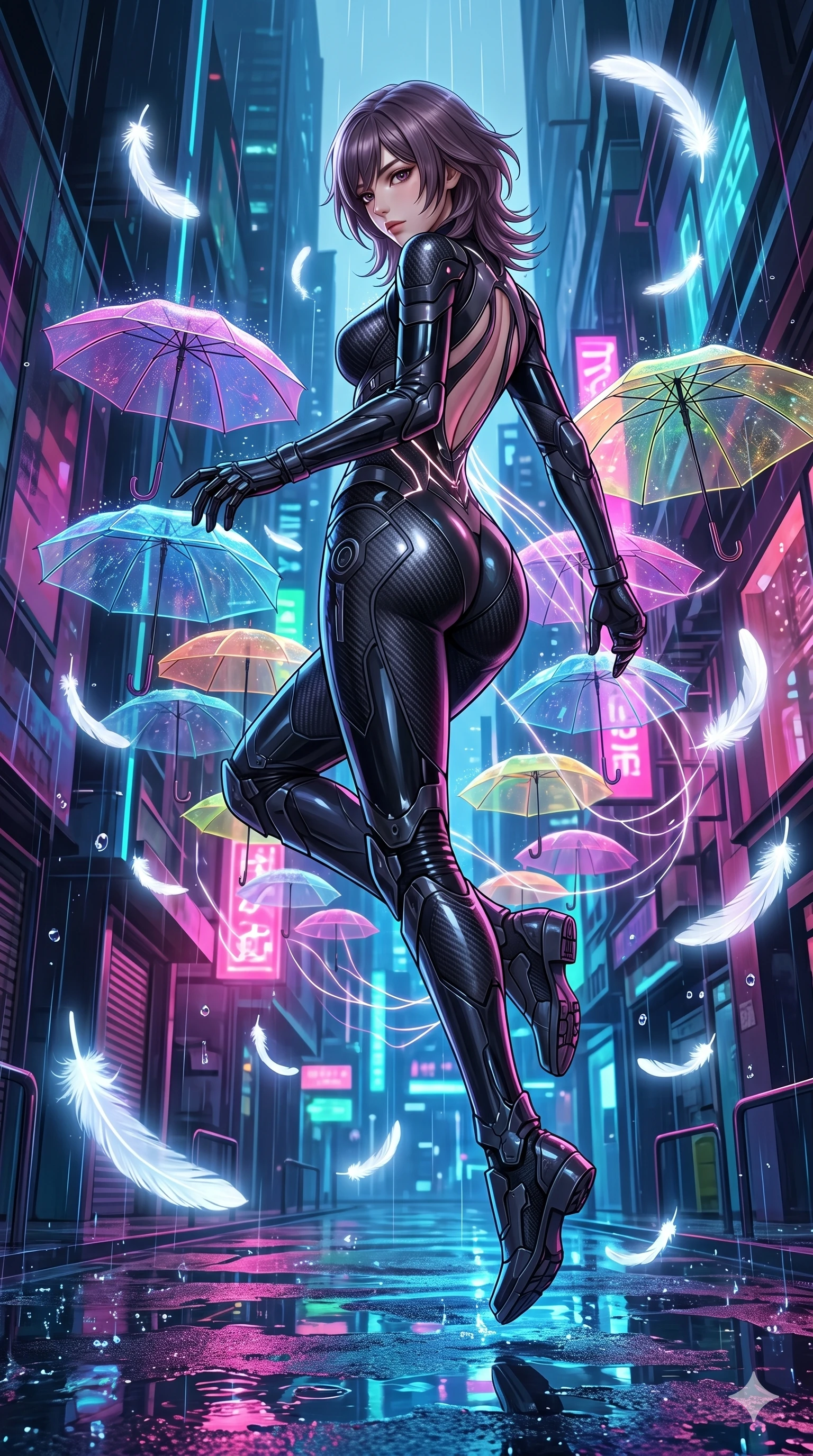 score_9, masterpiece, best quality, ultra-detailed, high-budget anime keyframe, editorial fashion photography, tasteful artistic composition, Japanese woman. low angle full-body shot from head to toe showing her feet, filling the entire 9:16 vertical frame with her statuesque presence, stretching her vertical silhouette. diving deep into on a wet neon-lit future street under colorful floating umbrellas as soft white feathers made of light drift gently around her. She has an absolutely perfect 8-heads proportion, an exceptionally tall and slender female figure with impossibly long slender legs and an ultra-slim waist. V-shaped jawline, high-bridge nose, intricate jewel-like eyes with depth, thick eyelashes, glossy lips with a natural sheen.. wearing a body-conforming carbon fiber combat suit, featuring matte black carbon fiber and glossy latex panels with elegant slitted cutouts on the upper back. accented by dynamic color-blocked lighting with high-contrast shadows emphasizing her statuesque height. 2k, ultra detail, master piece, 9:16 ratio