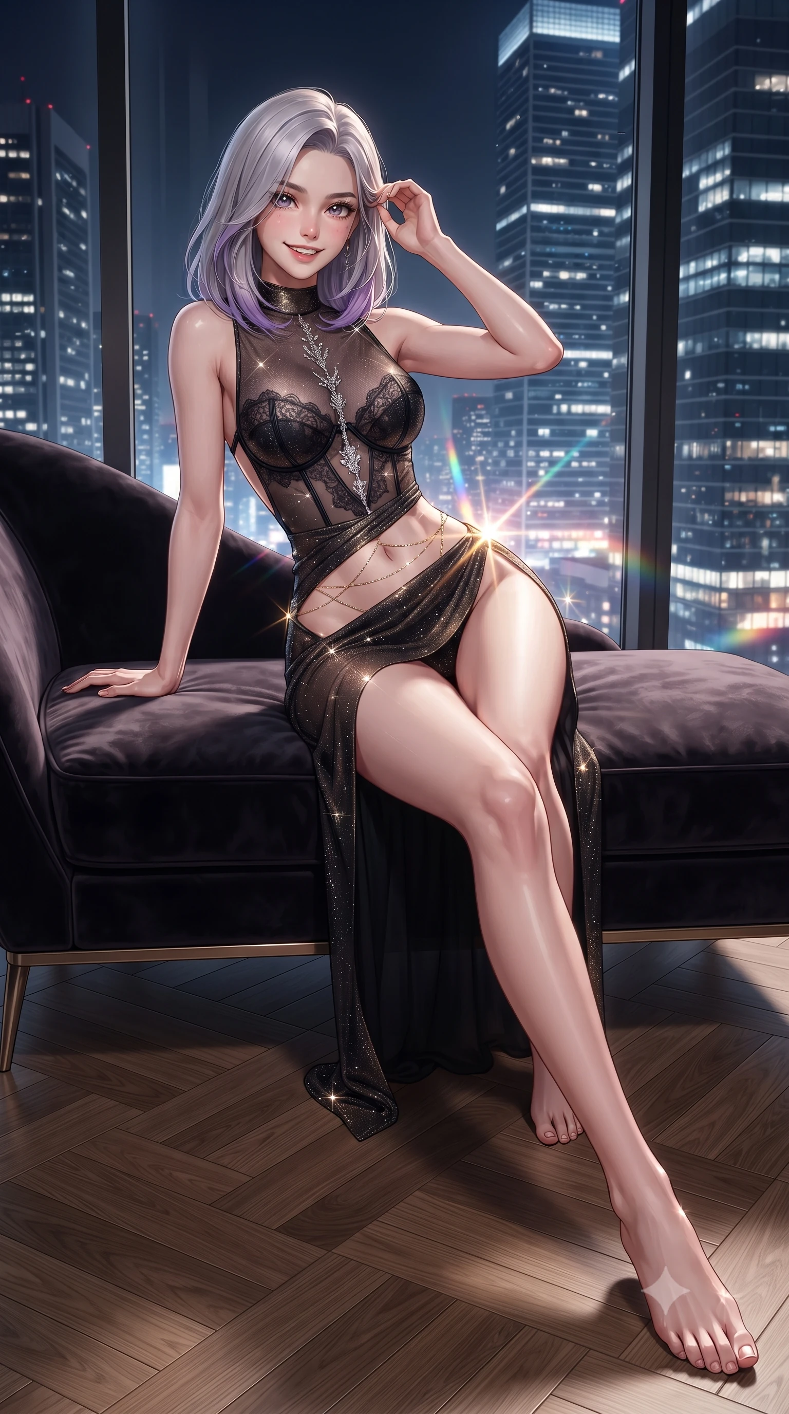 score_9, masterpiece, best quality, ultra-detailed, high-budget anime keyframe, editorial fashion photography, tasteful artistic composition, Caucasian woman. low angle full-body shot from head to toe showing her feet, filling the entire 9:16 vertical frame with her statuesque presence, stretching her vertical silhouette. reclining gracefully across the plush chaise lounge with one leg extended, her sculpted silhouette and flat midriff radiating magnetic nocturnal glamour while twisting her slender torso in an alluring contrapposto stance on the polished herringbone oak floor, city lights casting prismatic flares across her flat midriff. The surrounding environment is rendered in vivid detail and crisp panoramic clarity: detailed sheer noir Chantilly lace bustier boning, sheer mesh pencil skirt slit, and modern skyscraper architectural craft in razor-sharp precision. She has an exceptionally tall and slender model-like 8.5-heads proportion, an ultra-slim waist, a flat toned midriff, narrow delicate ribcage, and beautifully sculpted feminine hips creating a graceful, slim hourglass silhouette without any bulky heaviness, with impossibly long slender legs. sharp v-shaped jawline, high-bridge nose, intricate jewel-like sparkling eyes with depth, thick eyelashes, glossy parted lips with a natural peach sheen, bright cheerful beaming smile with an enchanting and coquettish sensual glint, exuding both youthful cute charm and seductive allure, flawlessly proportioned anatomical accuracy, strict slender model proportions, natural body alignment, perfectly sculpted long slender limbs, ultra-slim waistline, clean dynamic posture without body distortion. wearing an alluring backless sheer illusion mesh leotard with silver crystal flocking tracing her spine in midnight noir obsidian black and pure champagne gold, woven from stretch metallic lurex jersey casting radiant starlight glints across her curves, accented with a dainty gold belly chain resting across her flat midriff and curving hips, the high-slit wrap tailoring accentuating her ultra-slim waistline and the enchanting curve of her feminine hips with alluring seductive charm. illuminated by window glass specular bounce and sharp platinum rim lights defining her dewy collarbones, ultra-slim waist, and curvy hips. ultra-reflective glossy finish, specular highlights, rich textural contrasts, high-contrast stereoscopic depth, volumetric dynamic lighting, 2k, ultra detail, master piece, 9:16 ratio