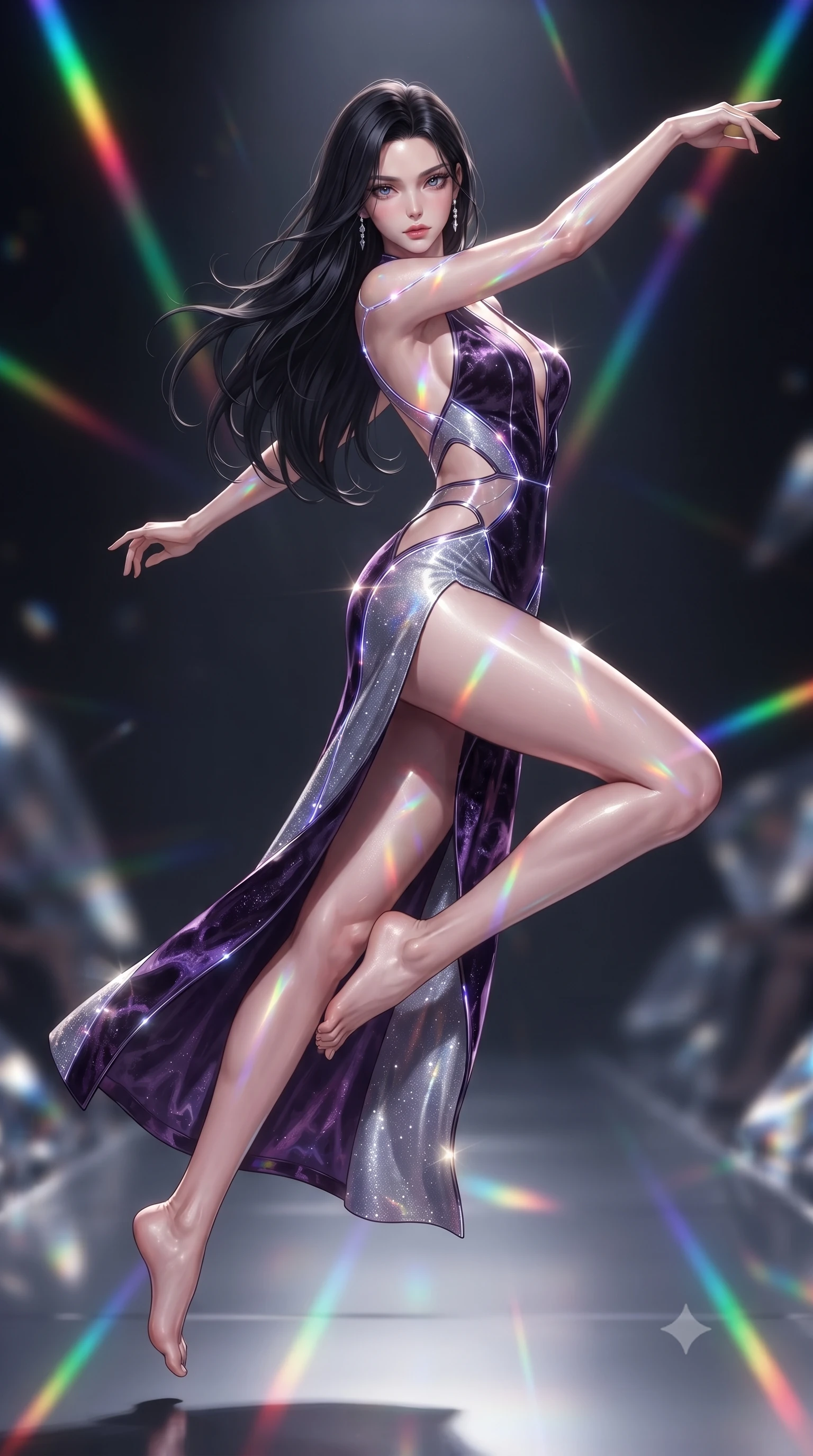 score_9, masterpiece, best quality, ultra-detailed, high-budget anime keyframe, editorial fashion photography, tasteful artistic composition, Korean woman. low angle full-body shot from head to toe showing her feet, filling the entire 9:16 vertical frame with her statuesque presence, stretching her vertical silhouette. leaping through mid-air with an athletic yet alluring arch of her spine, her impossibly long slender legs stretched in flawless poise while twisting her upper body in an alluring pose as prismatically refracted neon light beams criss-cross her silhouette. The composition keeps background elements in soft focus with creamy bokeh. shimmering silver prism facets and dark glass runways softened by shallow cinematic depth of field. She has an absolutely perfect, statuesque 8.5-heads proportion, an exceptionally tall and slender model-like female figure with impossibly long slender legs and an ultra-slim waist. sharp v-shaped jawline, high-bridge nose, intricate jewel-like eyes with depth, thick eyelashes, glossy lips with a natural sheen, flawlessly proportioned anatomical accuracy, natural body alignment, perfectly sculpted elegant limbs, clean dynamic posture without body distortion. wearing a backless crushed velvet gown with a deep V-neckline, strategic hip cutouts, and an ultra-high thigh slit in dark amethyst purple and shimmering starlight silver, tailored from semi-translucent cybernetic vinyl with glowing micro-filaments, accented with glowing fiber-optic seams tracing her collarbones and hip curves, the form-contouring second-skin material highlighting her ultra-slim waist and long lines. bathed in multi-colored rainbow prism spotlights and intense specular chrome highlights. ultra-reflective glossy finish, specular highlights, metallic sheen, high-contrast stereoscopic depth, volumetric dynamic lighting, 2k, ultra detail, master piece, 9:16 ratio