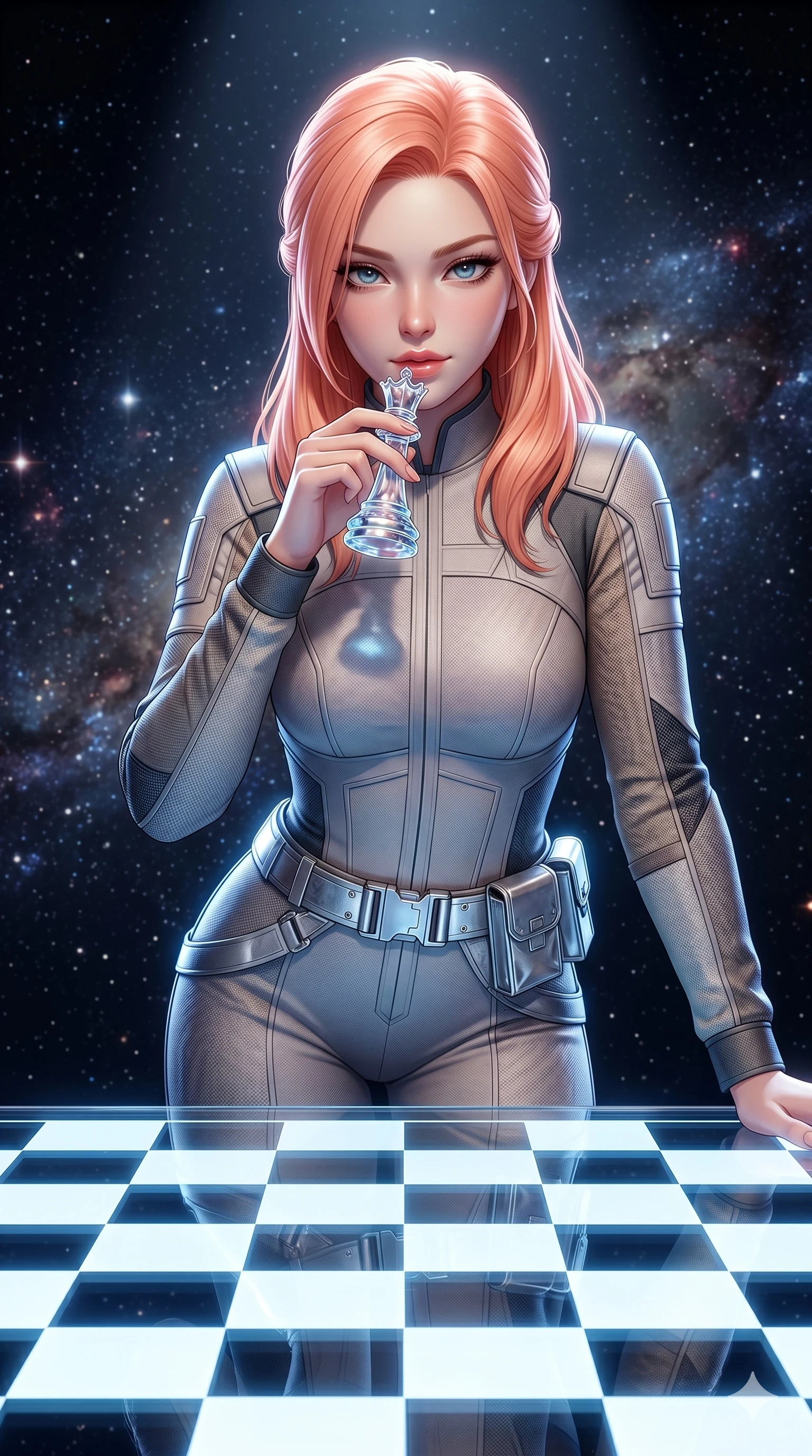 score_9, masterpiece, best quality, ultra-detailed, high-budget anime keyframe, semi-realistic 3D game render, Japanese woman. Upper body close-up from the thighs up, character filling the screen for maximum presence. She is leaning over a giant glowing glass chess board floating in space. She holds a crystal queen piece near her lips, looking at the camera with a teasing, competitive smolder. She has an absolutely perfect 8-heads proportion, a tall and elegant figure with a refined silhouette and a defined waistline. V-shaped jawline, high-bridge nose, intricate jewel-like eyes with depth, thick eyelashes, glossy lips with a natural sheen. She is wearing a high-fashion tech-jumpsuit featuring structured panel overlays across the torso and shoulders, accented by a metallic silver utility belt and textured fabric sleeves. The scene is illuminated by the board's white and blue grids and a sharp overhead spotlight. 2k, ultra detail, master piece, 9:16 ratio