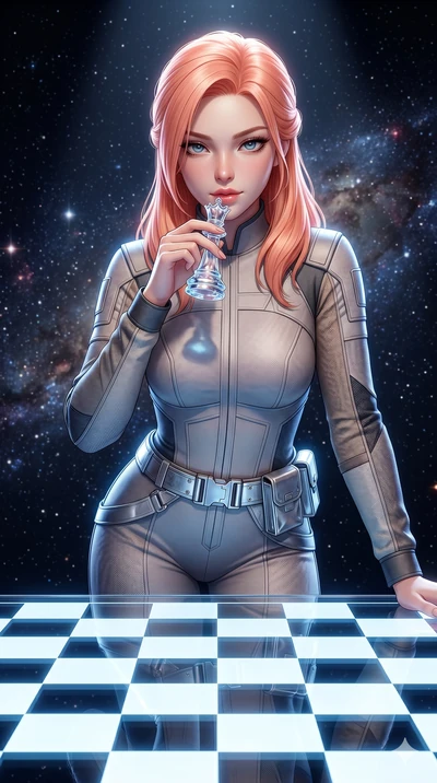 score_9, masterpiece, best quality, ultra-detailed, high-budget anime keyframe, semi-realistic 3D game render, Japanese woman. Upper body close-up from the thighs up, character filling the screen for maximum presence. She is leaning over a giant glow