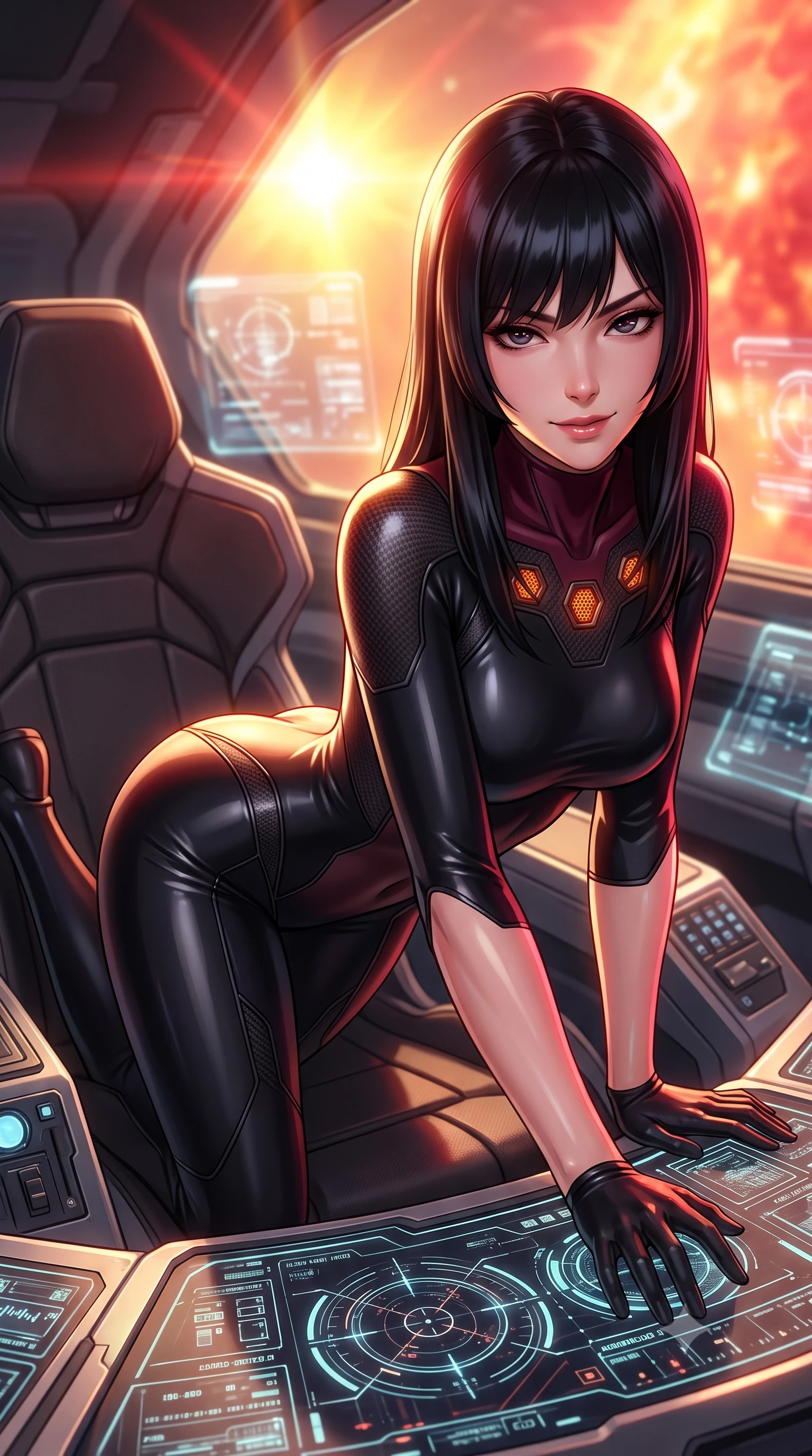 score_9, masterpiece, best quality, ultra-detailed, high-budget anime keyframe, semi-realistic 3D game render, editorial fashion photography, tasteful artistic composition, Caucasian woman. close-up cowboy shot from the waist and thighs up, the character dominates the composition, filling the frame with her large presence. leaning forward over the illuminated command console while arching her lower back to accentuate her curvy hips, looking into the camera with a confident smoldering smile and intense bedroom-eyes while lounging back in the flight recliner propped on one elbow with one knee bent, her flat midriff and long slender limbs glowing in intense orbital light. The background shows a soft-focus floating holographic flight reticles and cockpit canopy micro-circuits softened in thrilling spaceflight shallow focus. She has an exceptionally elegant, slender, and willowy female figure with an ultra-slim waist, flat toned midriff, narrow ribcage, and sculpted feminine hips creating an alluring, slim hourglass silhouette without bulk. sharp v-shaped jawline, high-bridge nose, intricate jewel-like sparkling eyes with depth, thick eyelashes, glossy parted lips with a natural sheen, bright confident smile with an enchanting and coquettish sensual glint, exuding both youthful magnetic charm and sovereign high-tech allure, flawlessly proportioned anatomical accuracy, strict slender model proportions, natural body alignment, perfectly sculpted long slender limbs, ultra-slim waistline, clean dynamic posture without body distortion. wearing a form-contouring cybernetic combat suit in matte black latex and carbon fiber, tracing her willowy silhouette with a high neck in deep wine crimson and dark carbon weave, made of supple second-skin compression stretch jersey clinging flawlessly to her form, accented with subtle hexagonal heat-sink vents glowing with dim orange thermal heat, the form-fitting tactical tailoring adhering flawlessly to her sculpted flat midriff and slender torso, emphasizing her long leg lines and perfectly proportioned willowy build. bathed in intense yellow and crimson light flares from the erupting sun casting dynamic reflections. highly saturated vibrant anime colors, detailed shading with soft gradients, rich glossy textures, high-contrast stereoscopic depth, volumetric dynamic lighting, master piece, 9:16 ratio