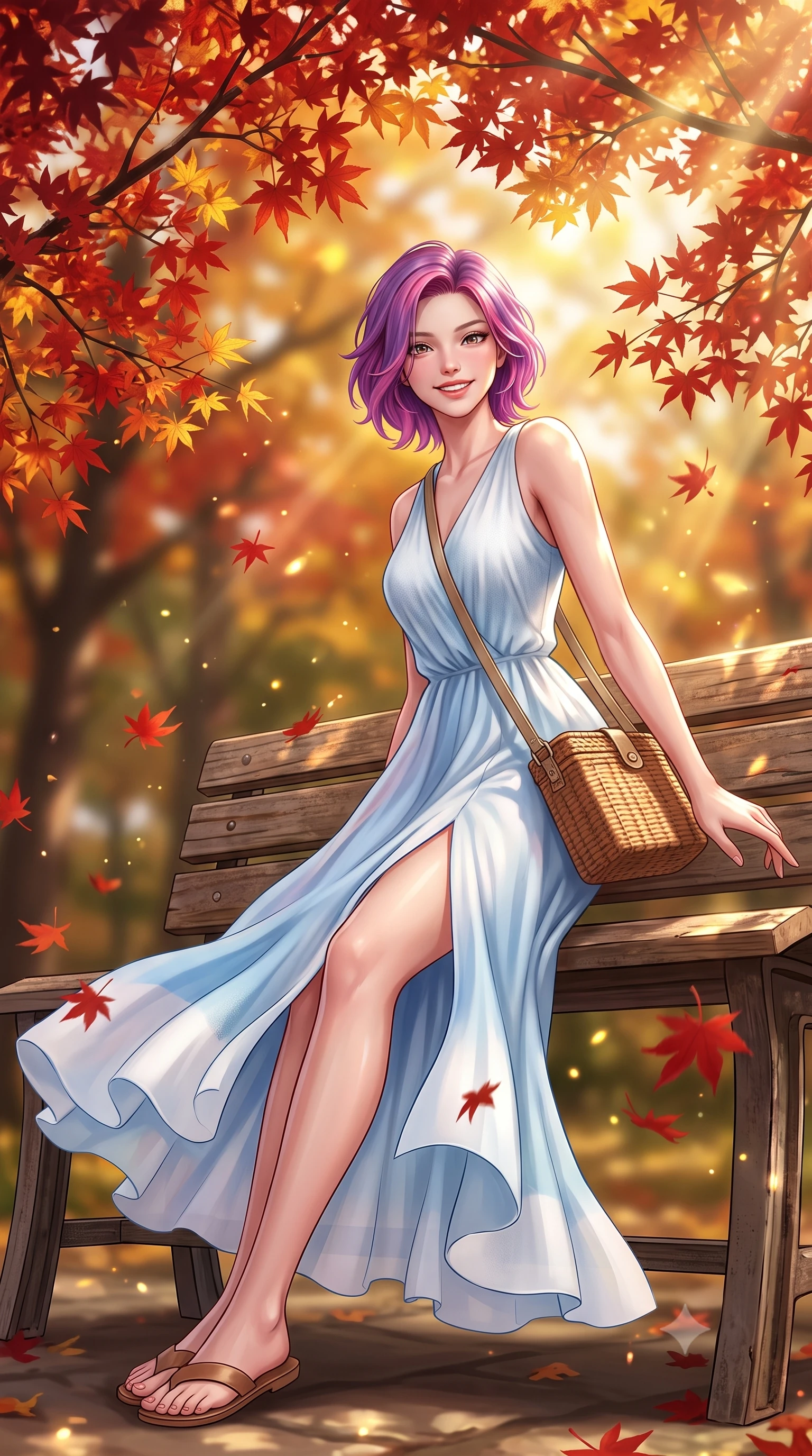 score_9, masterpiece, best quality, ultra-detailed, high-budget anime keyframe, semi-realistic 3D game render, editorial fashion photography, tasteful artistic composition, Caucasian woman. low angle full-body shot from head to toe showing her feet, filling the entire 9:16 vertical frame with her statuesque presence, stretching her vertical silhouette. pivoting dynamically with a fresh infectious smile, her ultra-slim waist and long slender legs creating a fluid graceful line while sitting on a rustic park bench under an arch of fiery crimson maple branches, smiling cozily into the lens. The composition keeps background elements in soft focus with creamy bokeh. drifting autumn leaves and golden afternoon sunbeams scattering radiant seasonal light motes. She has an absolutely perfect, statuesque 8.5-heads proportion, an exceptionally tall and slender model-like female figure with impossibly long slender legs, a toned flat midriff, and an ultra-slim waist. sharp v-shaped jawline, high-bridge nose, intricate jewel-like eyes with depth, thick eyelashes, glossy lips with a natural sheen, pure and lovely fresh girlhood expression, flawlessly proportioned anatomical accuracy, strict slender model proportions, natural body alignment, perfectly sculpted long slender limbs, ultra-slim waistline, clean dynamic posture without body distortion. wearing a flowy silk-chiffon maxi dress with a gentle side slit and fluttering hemline in gentle baby blue and cloud white, tailored from soft pastel lightweight wool blend with subtle texture, accessorized with a rustic woven wicker bag and canvas strap, the soft airy drape swaying gracefully with her dynamic movements, emphasizing her tall willowy build and slim waistline. surrounded by a warm, romantic, and deeply nostalgic autumn sweetheart aura. highly saturated vibrant anime colors, detailed shading with soft gradients, rich glossy textures, high-contrast stereoscopic depth, volumetric dynamic lighting, master piece, 9:16 ratio