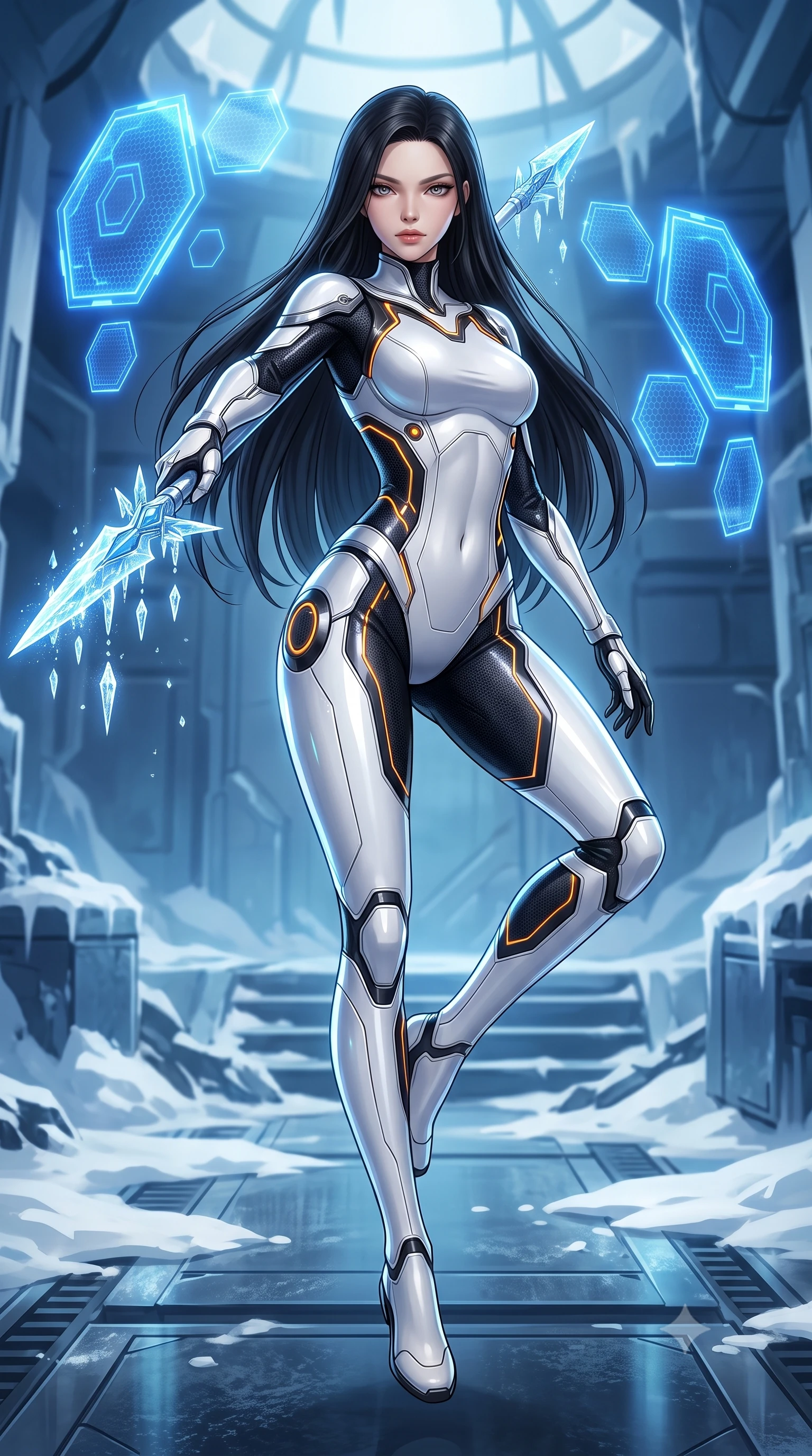 score_9, masterpiece, best quality, ultra-detailed, high-budget anime keyframe, semi-realistic 3D game render, editorial fashion photography, tasteful artistic composition, Korean woman. low angle full-body shot from head to toe showing her feet, filling the entire 9:16 vertical frame with her statuesque presence, stretching her vertical silhouette. performing an alluring mid-air combat landing with flawless poise, looking directly into the camera with regal, deadly intensity while pivoting dynamically as she thrusts the cryo-spear forward, leaving a trail of diamond frost crystals hanging in the air. The surrounding environment is rendered in vivid detail and crisp panoramic clarity. high-contrast arctic chiaroscuro and sleek high-tech laboratory ruin captured with precision. She has an absolutely perfect, statuesque 8.5-heads proportion, an exceptionally tall and slender model-like female figure with impossibly long slender legs, a toned flat midriff, and an ultra-slim waist. sharp v-shaped jawline, high-bridge nose, intricate jewel-like eyes with depth, thick eyelashes, glossy lips with a natural sheen, flawlessly proportioned anatomical accuracy, strict slender model proportions, natural body alignment, perfectly sculpted long slender limbs, ultra-slim waistline, clean dynamic posture without body distortion. wearing a high-contrast monochrome white-and-black carbon-composite exoskeleton suit with glowing amber circuitry, deploying floating hexagonal holographic energy shields with sovereign grace in electric cobalt blue carbon with polished platinum trim, formed from high-gloss patent carbon-plating with specular chiaroscuro reflections, accented with glowing fiber-optic conduits tracing her collarbones and hip curves, the liquid-tight tailored fabric emphasizing every curve of her tall, slender model proportions and sculptured silhouette during dynamic movement. illuminated by crisp specular ice refractions outlining her ultra-slim waist, long legs, and flat midriff. rich saturated anime colors with glowing neon highlights, detailed shading with soft gradients, rich glossy textures, high-contrast stereoscopic depth, volumetric dynamic lighting, master piece, 9:16 ratio