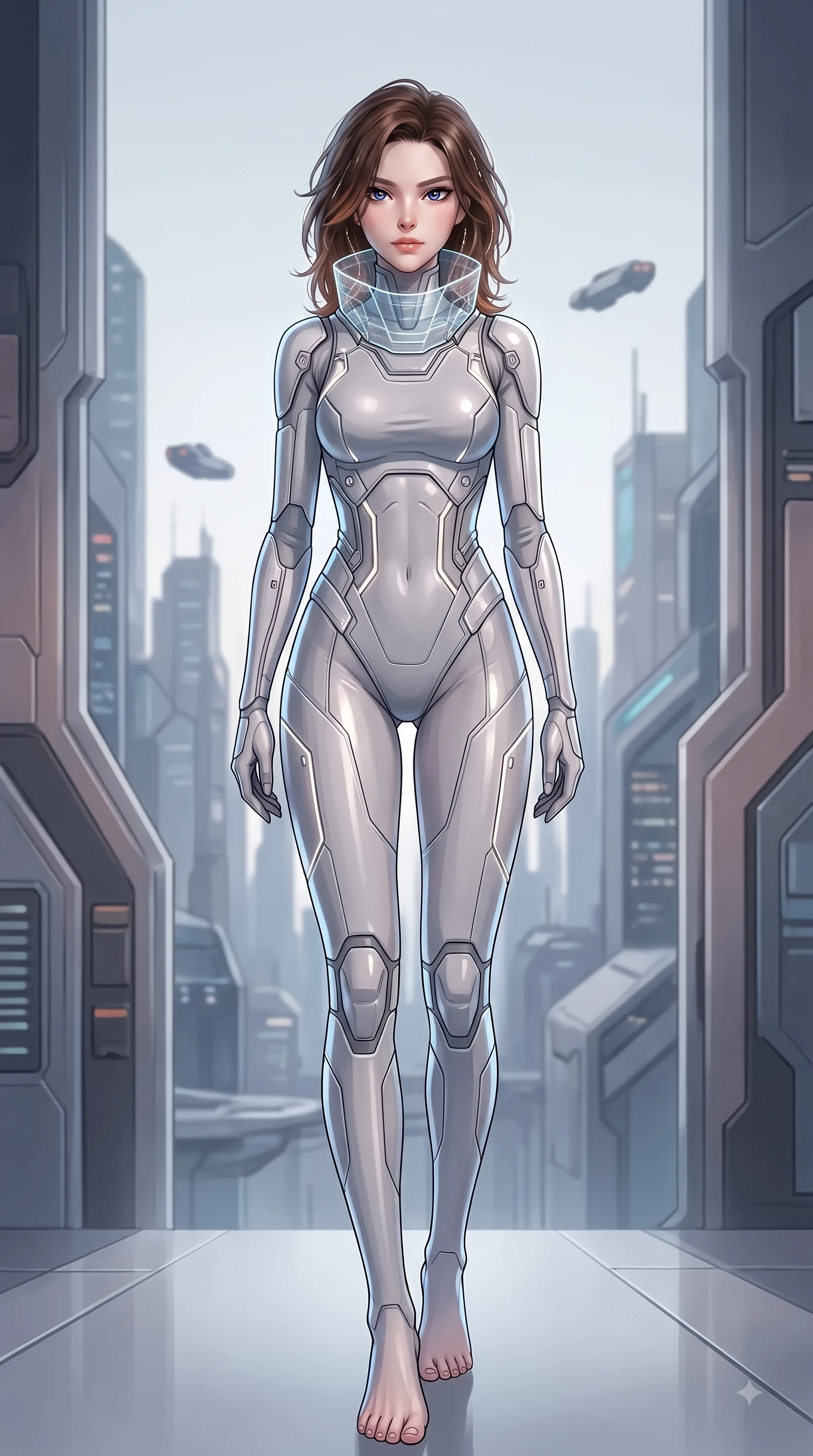 score_9, masterpiece, best quality, ultra-detailed, high-budget anime keyframe, editorial fashion photography, tasteful artistic composition, Korean woman. low angle full-body shot from head to toe showing her feet, filling the entire 9:16 vertical frame with her statuesque presence, stretching her vertical silhouette. stepping forward in a proud dynamic stride with an alluring waist tilt, her vertical silhouette filling the frame while lounging on an antique silk velvet sofa as floating parchment pages hover gently around her, warm hearth flames casting deep crimson and amber chiaroscuro lighting on her form. She has an absolutely perfect, statuesque 8.5-heads proportion, an exceptionally tall and slender model-like female figure with impossibly long slender legs and an ultra-slim waist. sharp v-shaped jawline, high-bridge nose, intricate jewel-like eyes with depth, thick eyelashes, glossy lips with a natural sheen, flawlessly proportioned anatomical accuracy, natural body alignment, perfectly sculpted elegant limbs, clean dynamic posture without body distortion. wearing an elegant cowl-neck satin midi dress with a graceful draped neckline in espresso brown and warm cream, crafted from lustrous satin jersey with fluid draping, complemented by criss-cross back straps highlighting her bare shoulders, the tailored fabric tightly following every curve of her athletic build. illuminated by a dramatic key light casting elegant chiaroscuro shadows. highly saturated vibrant anime colors, detailed shading with soft gradients, rich glossy textures, high-contrast stereoscopic depth, volumetric dynamic lighting, master piece, 9:16 ratio