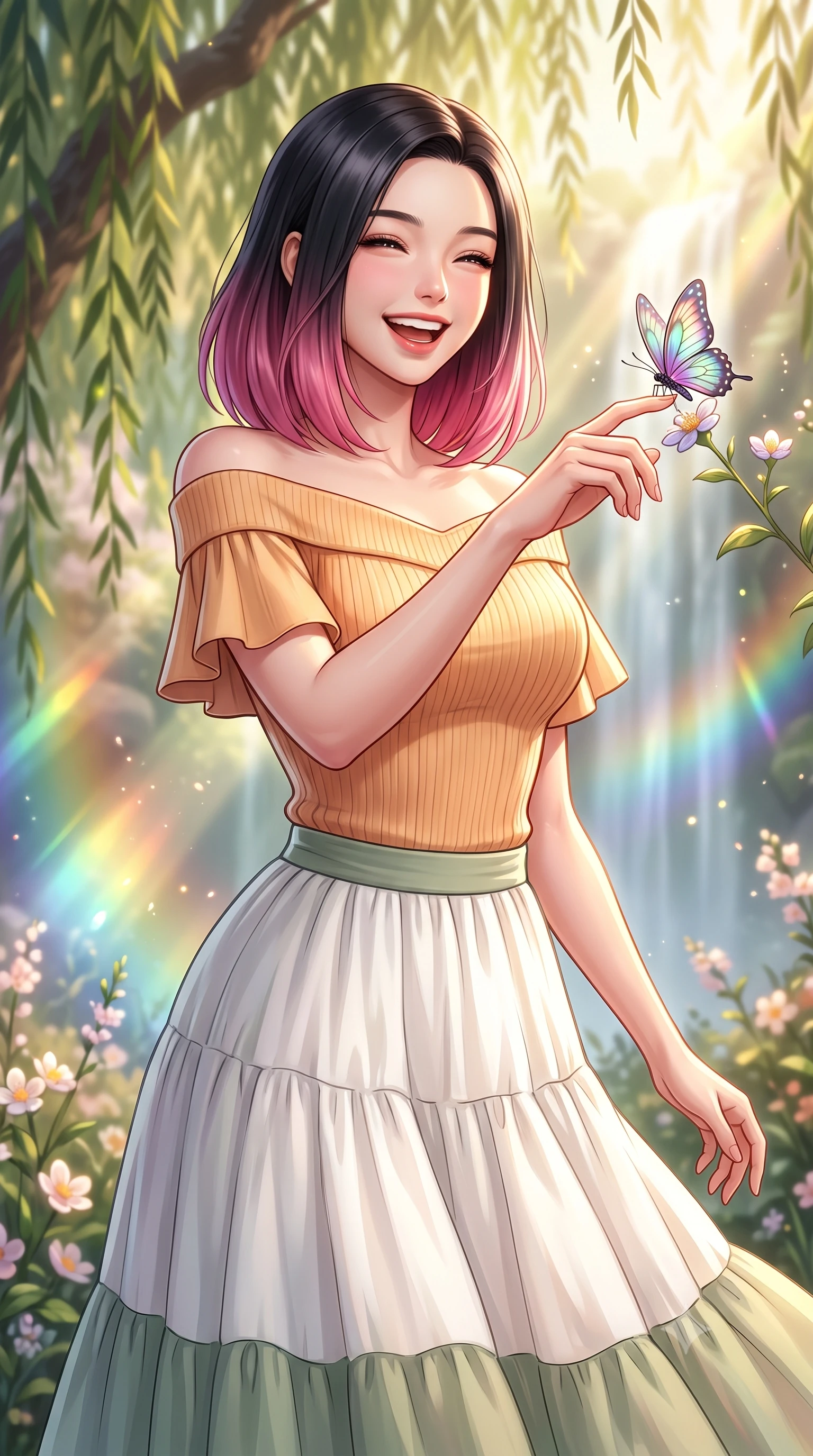 score_9, masterpiece, best quality, ultra-detailed, high-budget anime keyframe, semi-realistic 3D game render, editorial fashion photography, tasteful artistic composition, Korean woman. close-up cowboy shot from the waist and thighs up, the character dominates the composition, filling the frame with her large presence. laughing cheerfully with genuine delight, eyes crinkling sweetly as natural golden sunlight illuminates her glowing cheeks while reaching out playfully to touch a delicate iridescent forest butterfly resting on a wildflower blossom. The composition keeps background elements in soft focus with creamy bokeh. ancient weeping willow branches and blooming woodland blossoms softened in dreamy shallow focus. She has an exceptionally elegant, slender, and willowy female figure with an ultra-slim waist, a gracefully sculpted slender torso, toned flat midriff, and a refined slim silhouette. sharp v-shaped jawline, high-bridge nose, intricate jewel-like eyes with depth, thick eyelashes, glossy lips with a natural sheen, pure and lovely fresh girlhood expression, flawlessly proportioned anatomical accuracy, strict slender model proportions, natural body alignment, perfectly sculpted long slender limbs, ultra-slim waistline, clean dynamic posture without body distortion. wearing a fresh off-shoulder ribbed knit top paired with a tiered white cotton midi skirt in warm apricot and sage green, crafted from soft breathable linen that flutters gently in the breeze, featuring elegant flutter sleeves and a graceful open collar, the body-hugging lightweight knit clinging delicately to her slender torso, accentuating her graceful neck and feminine lines. bathed in ethereal sunbeams piercing through waterfall mist, creating radiant rainbow refractions. highly saturated vibrant anime colors, detailed shading with soft gradients, rich glossy textures, high-contrast stereoscopic depth, volumetric dynamic lighting, master piece, 9:16 ratio