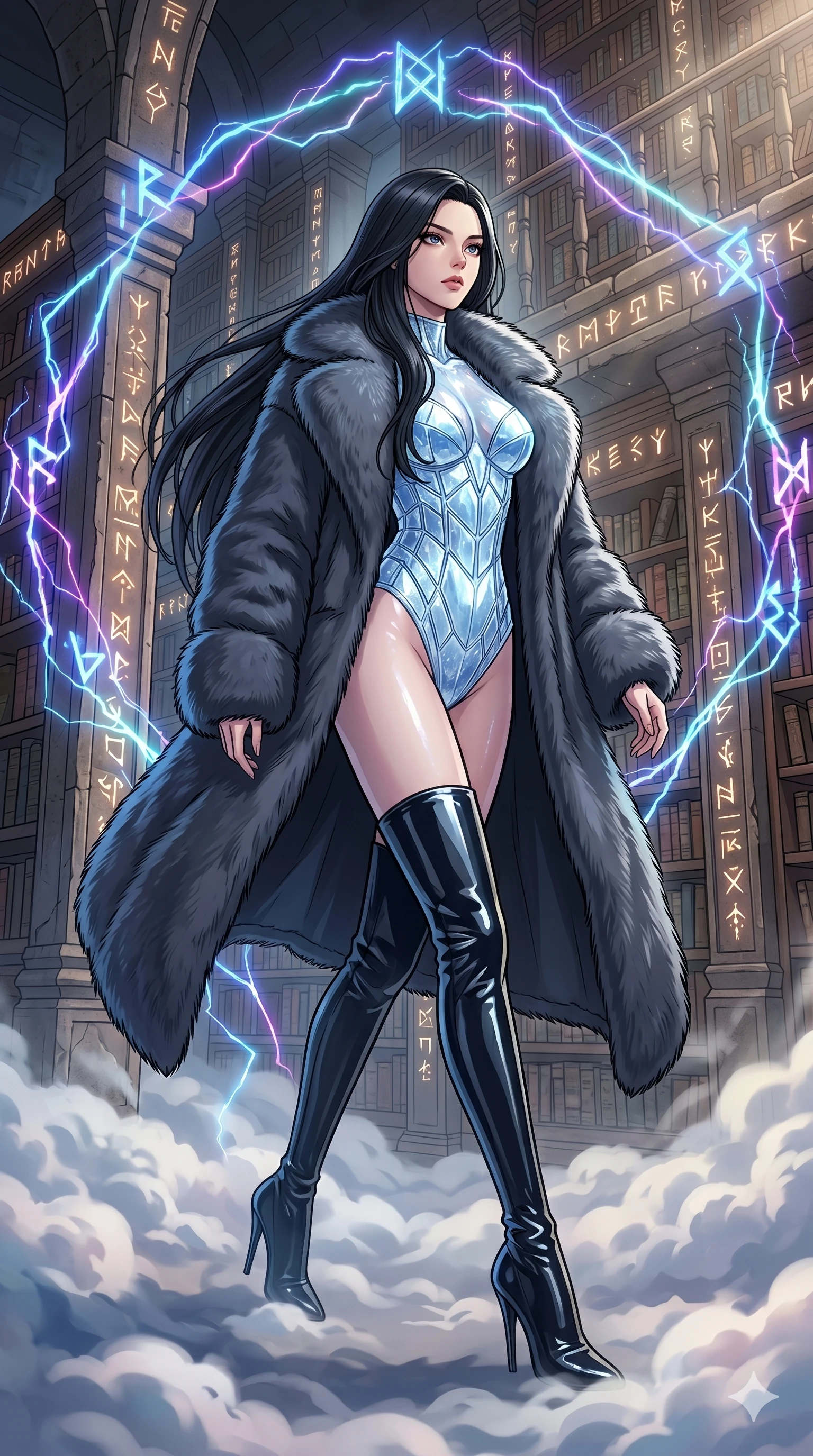 score_9, masterpiece, best quality, ultra-detailed, high-budget anime movie keyframe, cinematic anime lighting, intricate line art, Korean woman. Low angle cowboy shot filling the entire 9:16 frame with her statuesque presence. navigating a sea of clouds in a ancient runic library with lightning lasers. She has an absolutely perfect 8-heads proportion, an exceptionally tall and slender female figure with an ultra-slim waist and impossibly long slender legs. sharp v-shaped jawline, high-bridge nose, intricate jewel-like eyes, thick eyelashes, glossy lips. Wearing seasonal winter-couture featuring a plush oversized faux-fur coat worn over a skin-tight crystalline leotard and thigh-high stiletto boots. The scene is illuminated by dramatic atmospheric lighting and vibrant color palettes. , 2k, ultra detail, master piece, 9:16 ratio