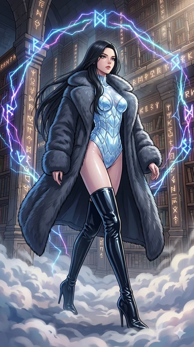 score_9, masterpiece, best quality, ultra-detailed, high-budget anime movie keyframe, cinematic anime lighting, intricate line art, Korean woman. Low angle cowboy shot filling the entire 9:16 frame with her statuesque presence. navigating a sea of cl