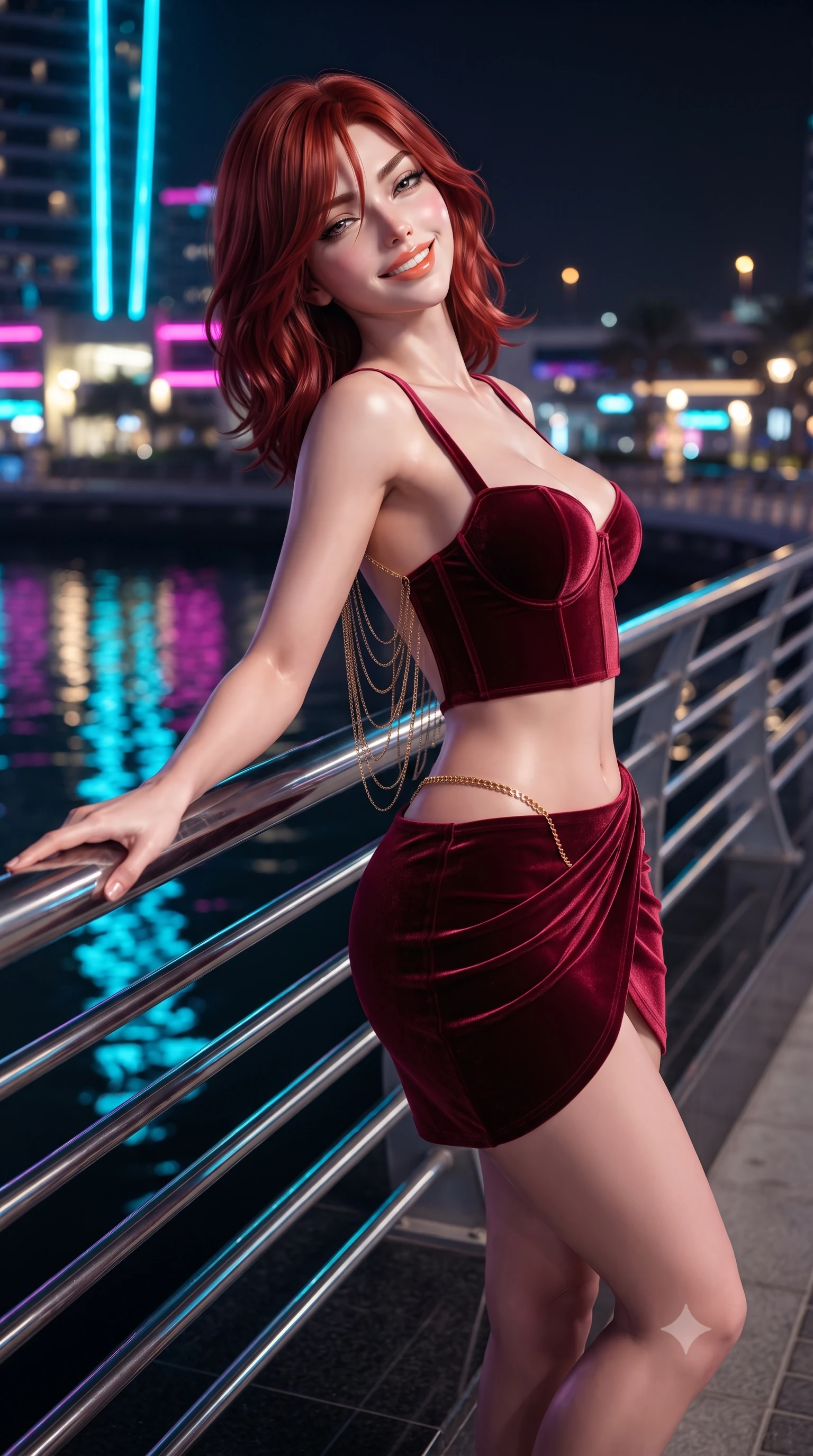 score_9, masterpiece, best quality, ultra-detailed, high-budget anime keyframe, editorial fashion photography, tasteful artistic composition, Korean woman. close-up cowboy shot from the waist and thighs up, the character dominates the composition, filling the frame with her large presence. leaning back against the balustrade with relaxed seductive grace, head tilted back slightly while casting a hypnotic, heavy-lidded gaze while resting one hand on the sleek bridge railing while turning in an alluring contrapposto stance, her smoldering bedroom-eyes holding the camera. The surrounding environment is rendered in vivid detail and crisp panoramic clarity: sharp polished black granite pavement joints, stainless steel railing joints, and yacht hull gelcoat reflections in deep focus. She has an exceptionally elegant, slender, and willowy female figure with an ultra-slim waist, flat toned midriff, narrow ribcage, and sculpted feminine hips creating an alluring, slim hourglass silhouette without bulk. sharp v-shaped jawline, high-bridge nose, intricate jewel-like sparkling eyes with depth, thick eyelashes, glossy parted lips with a natural peach sheen, bright cheerful beaming smile with an enchanting and coquettish sensual glint, exuding both youthful cute charm and seductive allure, flawlessly proportioned anatomical accuracy, strict slender model proportions, natural body alignment, perfectly sculpted long slender limbs, ultra-slim waistline, clean dynamic posture without body distortion. wearing a sculpted underwire demi-bustier in satin paired with an ultra-short draped wrap tulip skirt and gold hip chain in rich ruby crimson and dark brushed titanium, tailored from ultra-plush silk velvet with rich tactile depth and deep shadow gradients, accented with an open-back drape framed by falling strands of delicate gold chains, the liquid-tight tailored fabric clinging flawlessly to her narrow waist and rounded feminine hips, emphasizing every millimeter of her sculpted slim hourglass curves without any bulky heaviness. bathed in intense saturated cyan, magenta, and gold neon architectural facade lighting reflecting in dark marina water. ultra-reflective glossy finish, specular highlights, rich textural contrasts, high-contrast stereoscopic depth, volumetric dynamic lighting, 2k, ultra detail, master piece, 9:16 ratio