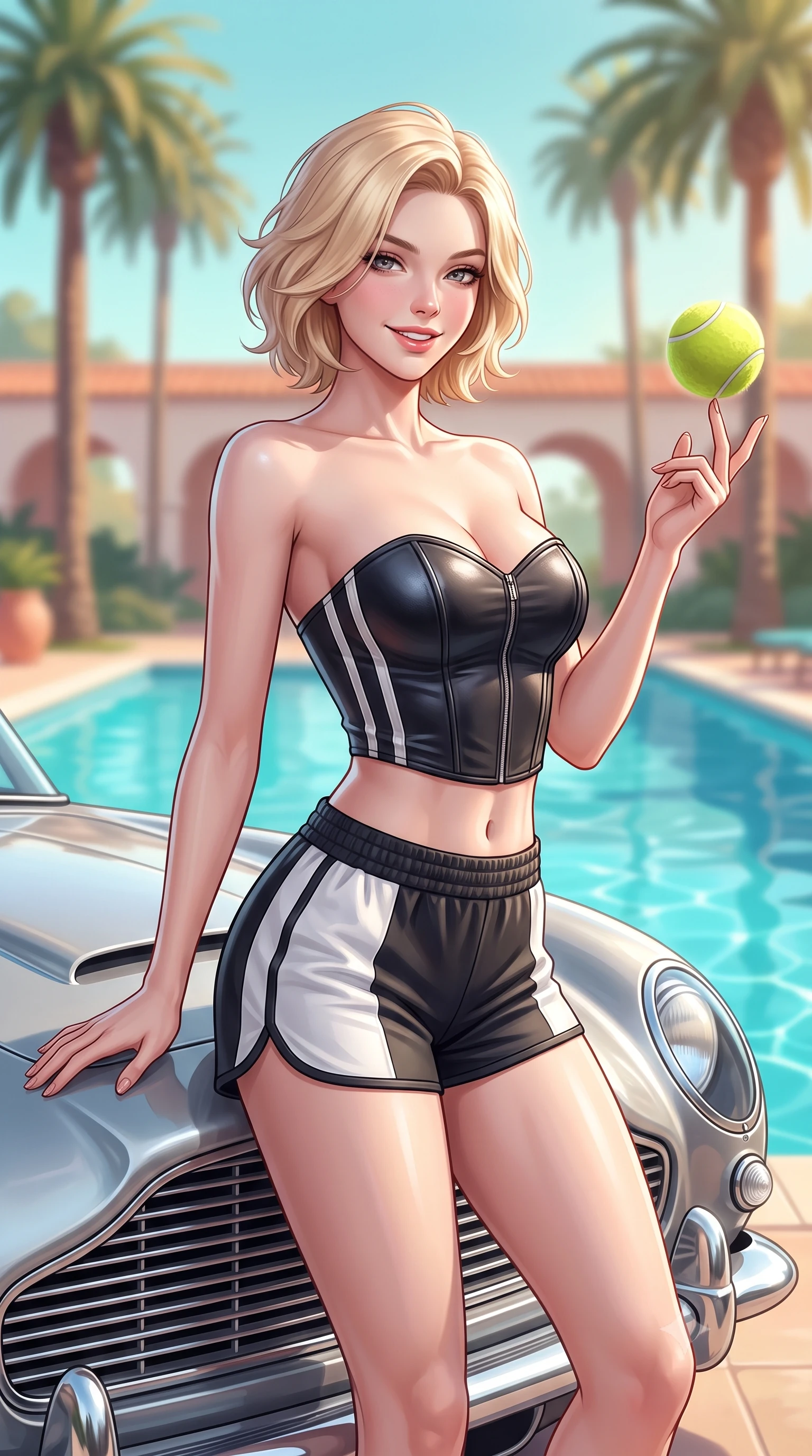 score_9, masterpiece, best quality, ultra-detailed, high-budget anime keyframe, semi-realistic 3D game render, editorial fashion photography, tasteful artistic composition, Caucasian woman. close-up cowboy shot from the waist and thighs up, the character dominates the composition, filling the frame with her large presence. playfully spinning a tennis ball on her fingertips, her radiant smile capturing fresh girlhood charm while her arched torso reveals an intoxicating hip contour while standing beside the iconic silver fender of a vintage Aston Martin DB5 parked by the pool, arching her back with classic Hollywood glamour. The background shows a soft-focus towering Beverly Hills royal palms, crystal turquoise pool water, and Spanish revival club arches blurred into pastel turquoise, honey, and coral bokeh. She has an exceptionally elegant, slender, and willowy female figure with an ultra-slim waist, flat toned midriff, narrow ribcage, and sculpted feminine hips creating an alluring, slim hourglass silhouette without bulk. sharp v-shaped jawline, high-bridge nose, sparkling eyes with athletic focus and depth, thick curled eyelashes, glossy parted lips with a natural coral-peach sheen, bright confident and coquettish smile with alluring bedroom-eyes, exuding both youthful sporty vigor and sovereign high-society glamour, flawlessly proportioned anatomical accuracy, strict slender model proportions, natural body alignment, perfectly sculpted long slender limbs, ultra-slim waistline, clean dynamic posture without body distortion. wearing a strapless structured leather corset top with racing stripe accents paired with high-waisted track shorts in dual-tone high-contrast racing monochrome, tailored from ultra-soft fine cashmere yarn with an airy athletic drape, finished with criss-cross back athletic straps highlighting her graceful shoulder blades, the form-fitting tailored bodice adhering flawlessly to her sculpted flat midriff and slender torso, emphasizing her long leg lines and perfectly proportioned willowy build. illuminated by water caustic bounce and sharp platinum rim lights defining her sculpted collarbones, ultra-slim waist, and curvy hips. highly saturated vibrant anime colors, detailed shading with soft gradients, rich glossy textures, high-contrast stereoscopic depth, volumetric dynamic lighting, master piece, 9:16 ratio