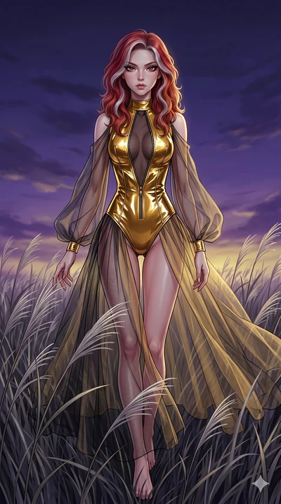 score_9, masterpiece, best quality, ultra-detailed, High-budget Anime Keyframe, East Asian woman. Dynamic full-body shot stretching the vertical silhouette to the limit. Scenario 278: Walking through a field of tall silver grass at twilight. Her pres