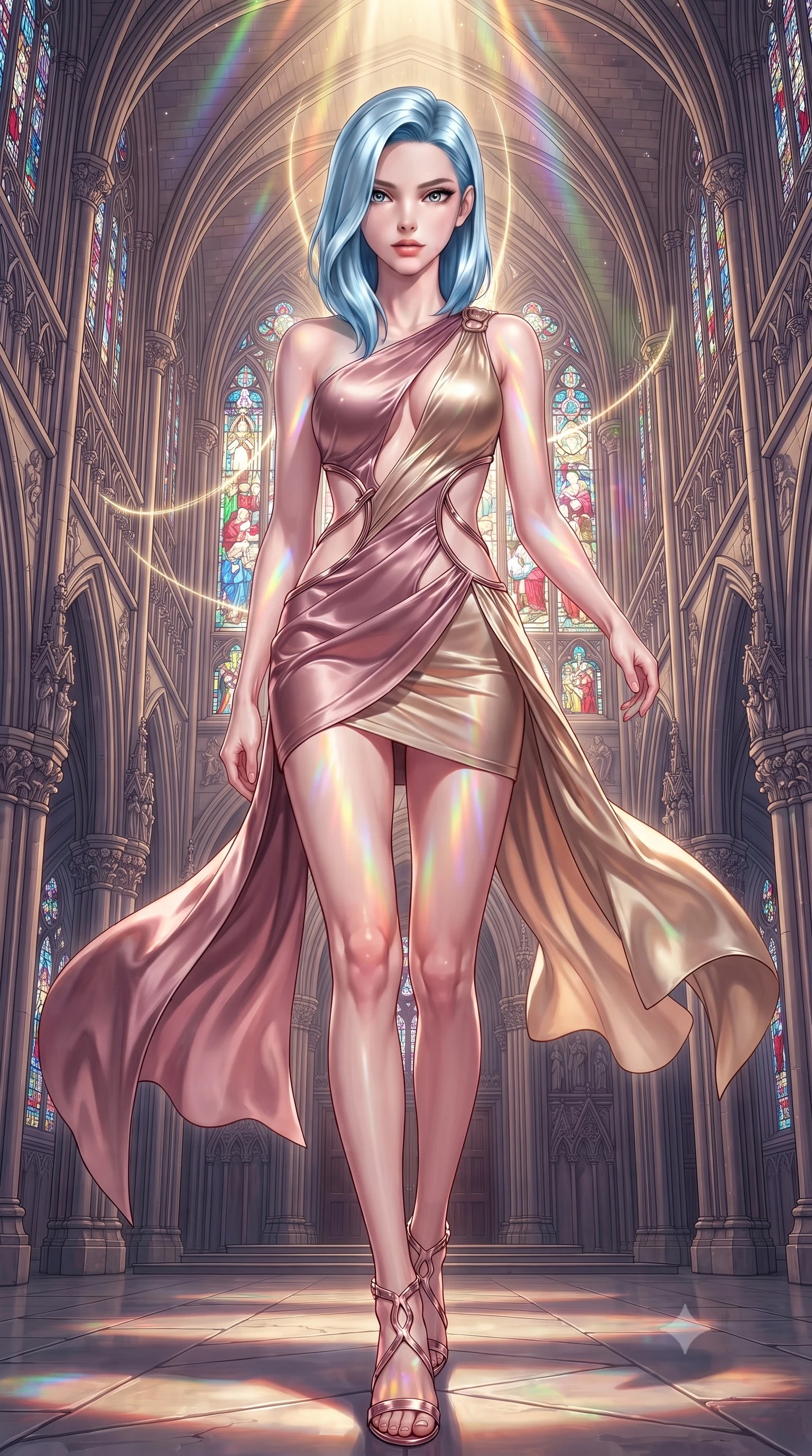 score_9, masterpiece, best quality, ultra-detailed, high-budget anime keyframe, editorial fashion photography, tasteful artistic composition, Korean woman. low angle full-body shot from head to toe showing her feet, filling the entire 9:16 vertical frame with her statuesque presence, stretching her vertical silhouette. stepping forward with proud posture, filling the vertical frame with her magnetic presence guiding glowing choir light threads weaving through majestic vaulted arches, vibrant rainbow light patterns projected across her skin and costume. She has an absolutely perfect, statuesque 8.5-heads proportion, an exceptionally tall and slender model-like female figure with impossibly long slender legs and an ultra-slim waist. sharp v-shaped jawline, high-bridge nose, intricate jewel-like eyes with depth, thick eyelashes, glossy lips with a natural sheen. wearing a dramatic open-waist cutout mini dress framed by sculptural hardware in dusty rose and champagne gold, crafted from lustrous satin jersey with fluid draping, featuring clean architectural cutouts along her slender torso, the sleek second-skin texture accentuating her magnetic presence. surrounded by a glowing divine aura of sunbeams and incense radiance. highly saturated vibrant anime colors, detailed shading with soft gradients, rich glossy textures, high-contrast stereoscopic depth, volumetric dynamic lighting, master piece, 9:16 ratio