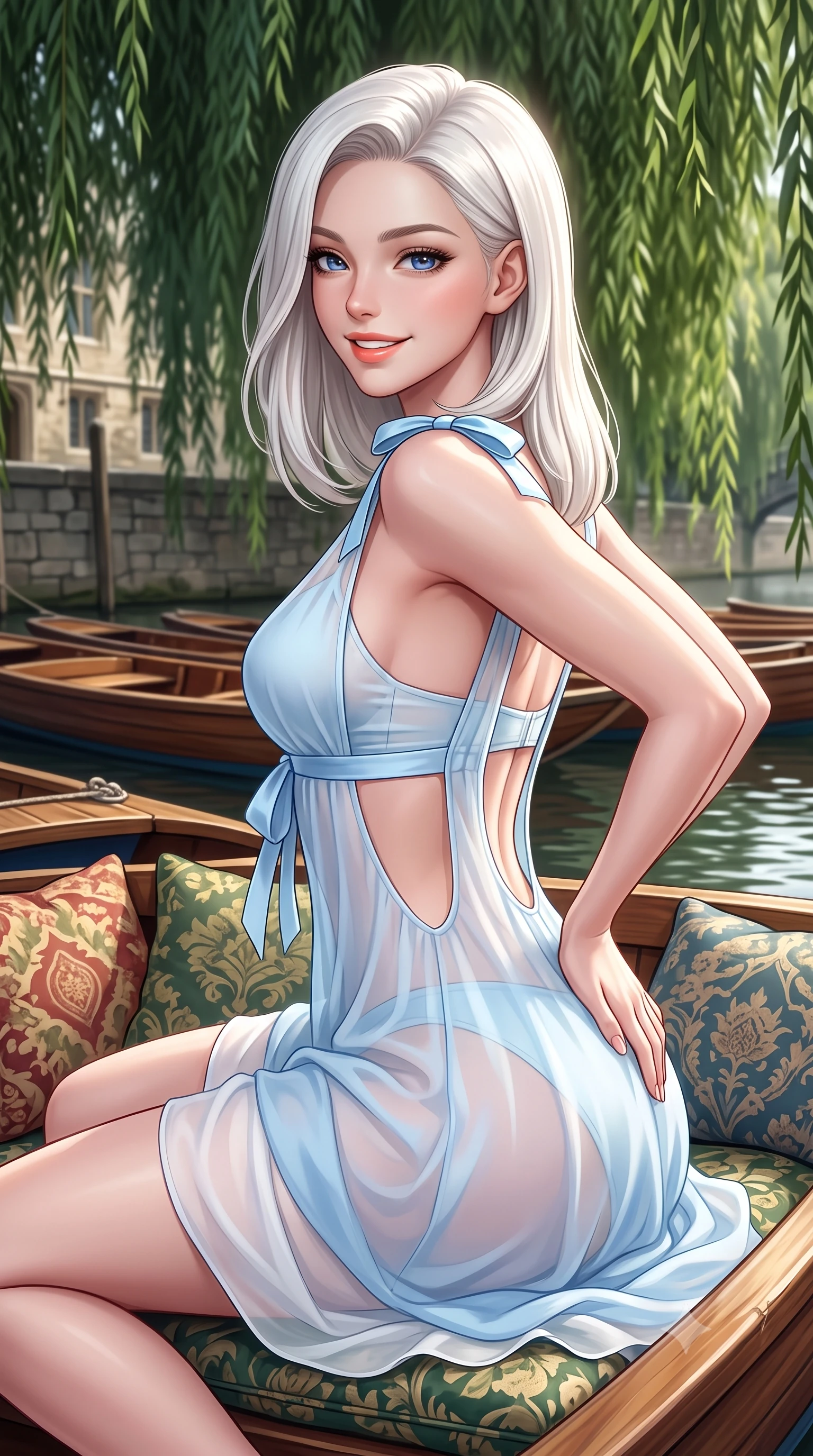 score_9, masterpiece, best quality, ultra-detailed, high-budget anime keyframe, semi-realistic 3D game render, editorial fashion photography, tasteful artistic composition, Caucasian woman. close-up cowboy shot from the waist and thighs up, the character dominates the composition, filling the frame with her large presence. tilting her head with a cute beaming smile while arching her spine with effortless dancer poise, one hand sliding along her hip line in a flirtatious S-curve while sitting on the wooden punting boat cushions moored beneath weeping willows, looking over her shoulder with enchanting, playful bedroom-eyes. The composition keeps background elements in soft focus with dreamy creamy bokeh. wooden punting boats and historic stone quads softened in nostalgic collegiate shallow focus. She has an exceptionally elegant, slender, and willowy female figure with an ultra-slim waist, flat toned midriff, narrow ribcage, and sculpted feminine hips creating an alluring, slim hourglass silhouette without bulk. sharp v-shaped jawline, high-bridge nose, intricate jewel-like sparkling eyes with depth, thick eyelashes, glossy parted lips with a natural peach sheen, bright cheerful beaming smile with an enchanting and coquettish sensual glint, exuding both youthful cute charm and seductive allure, flawlessly proportioned anatomical accuracy, strict slender model proportions, natural body alignment, perfectly sculpted long slender limbs, ultra-slim waistline, clean dynamic posture without body distortion. wearing a delicate semi-sheer chiffon sun-slip dress layered over a matching pastel bralette, hugging her slender waist and hips in soft baby blue and crisp cloud white, crafted from liquid-tight stretch jersey emphasizing every curve, finished with cute satin bow ribbons tying at the shoulders, the precision-cut side openings and low-back scoop framing her graceful spine and the sensual sweep of her slim, toned hips. illuminated by calm river water specular reflections accentuating her sculpted collarbones, ultra-slim waist, and curvy hips. highly saturated vibrant anime colors, detailed shading with soft gradients, rich glossy textures, high-contrast stereoscopic depth, volumetric dynamic lighting, master piece, 9:16 ratio