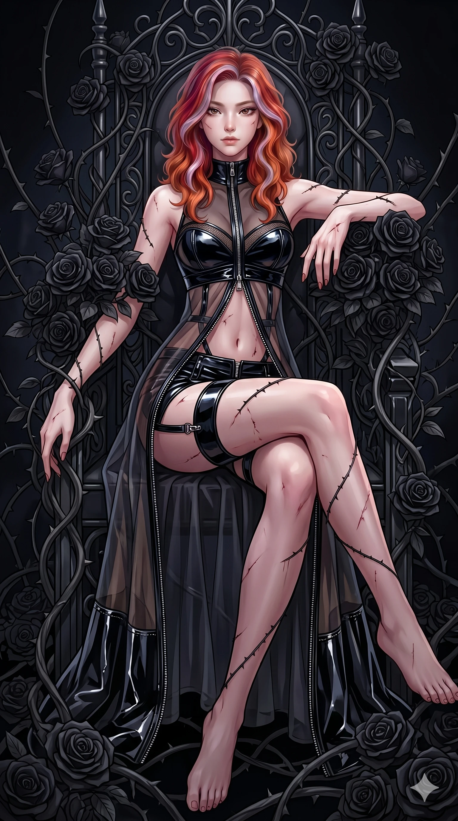 score_9, masterpiece, best quality, ultra-detailed, High-budget Anime Keyframe, East Asian woman. Dynamic full-body shot stretching the vertical silhouette to the limit. Scenario 110: Resting on a throne of black roses, thorns grazing her skin. Her presence is magnetic and overpowering in this high-budget anime scene. Outfit 110: A patent leather garter with a unzipped detail and translucent layers. The clothing is designed to emphasize her exceptionally tall and slender 8-heads proportion. 8-heads proportion, towering silhouette, ultra-slim waist. sharp v-shaped jawline, intricate jewel-like eyes with depth, thick eyelashes, glossy lips. 2k, ultra detail, master piece, 9:16 ratio