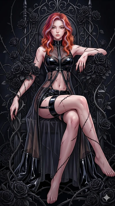 score_9, masterpiece, best quality, ultra-detailed, High-budget Anime Keyframe, East Asian woman. Dynamic full-body shot stretching the vertical silhouette to the limit. Scenario 110: Resting on a throne of black roses, thorns grazing her skin. Her p