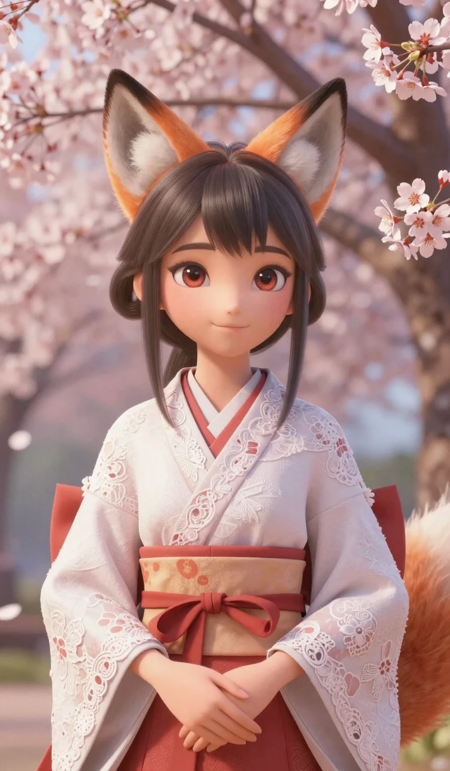 (masterpiece:1.2), best quality, highres, (3D character:1.2), beautiful kitsune girl, fox ears, traditional shrine maiden outfit with modern lace, cherry blossom lighting, (Pixar-style high-end rendering:1.2), 2k, ultra detail, 9:16 ratio