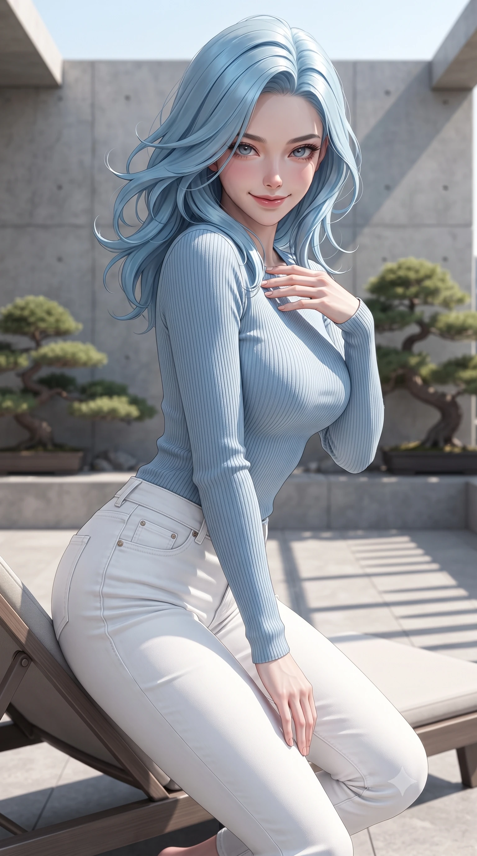 score_9, masterpiece, best quality, ultra-detailed, high-budget anime keyframe, editorial fashion photography, tasteful artistic composition, Korean woman woman. close-up cowboy shot from the waist and thighs up, the character dominates the composition, filling the frame with her large presence, background elements kept in soft focus. leaning slightly forward with a playful, teasing smile, her gaze locked onto the viewer the background shows a soft-focus a minimalist outdoor bath deck with concrete walls and bonsai landscaping. She has an exceptionally elegant, slender, and willowy female figure with an ultra-slim waist, a gracefully sculpted slender torso, and a refined silhouette. sharp v-shaped jawline, high-bridge nose, intricate jewel-like eyes with depth, thick eyelashes, glossy lips with a natural sheen. wearing a body-hugging body-hugging light blue ribbed long-sleeve top paired with tight white denim pants. sharp morning sunbeams casting clean, structured shadows across the deck. ultra-reflective glossy finish, specular highlights, metallic sheen, high-contrast stereoscopic depth, volumetric dynamic lighting, 2k, ultra detail, master piece, 9:16 ratio