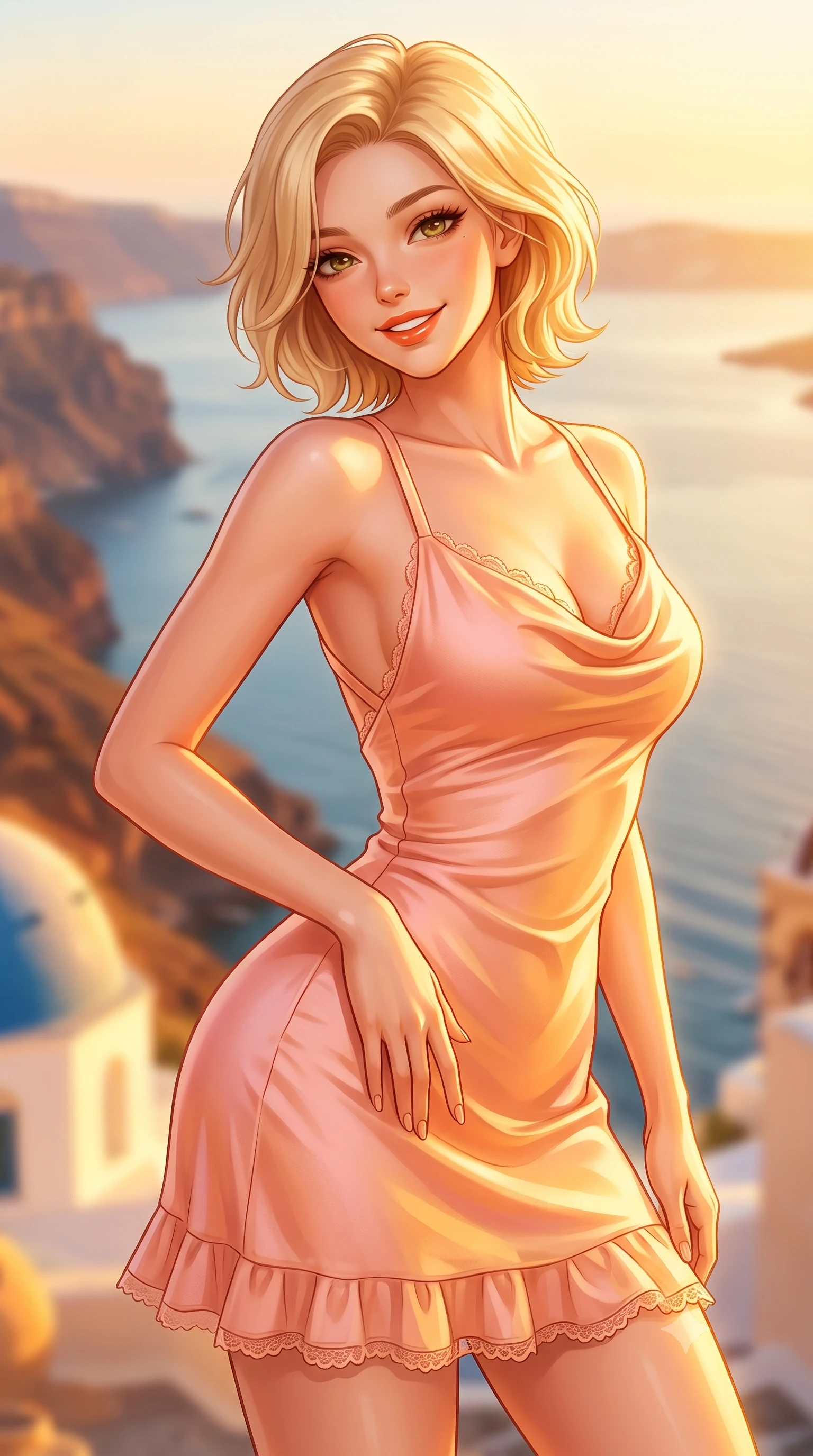 score_9, masterpiece, best quality, ultra-detailed, high-budget anime keyframe, semi-realistic 3D game render, editorial fashion photography, tasteful artistic composition, Caucasian woman. close-up cowboy shot from the waist and thighs up, the character dominates the composition, filling the frame with her large presence. tilting her head with a cute beaming smile while arching her spine with effortless dancer poise, one hand sliding along her hip line in a flirtatious S-curve while twisting her slender torso in an alluring contrapposto stance beside the water, her sleek resort silhouette highlighted by golden hour glow. The composition keeps background elements in soft focus with dreamy creamy bokeh. the dramatic caldera volcanic rim and shimmering Aegean Sea softened in iconic Greek island shallow focus. She has an exceptionally elegant, slender, and willowy female figure with an ultra-slim waist, flat toned midriff, narrow ribcage, and sculpted feminine hips creating an alluring, slim hourglass silhouette without bulk. sharp v-shaped jawline, high-bridge nose, sparkling amber-hazel eyes with depth, long lush eyelashes, glossy sun-kissed lips with a warm coral glaze, radiant teasing smile with sensual sunlit bedroom-eyes, exuding effortless old-money elegance and intoxicating sun-drenched allure, flawlessly proportioned anatomical accuracy, strict slender model proportions, natural body alignment, perfectly sculpted long slender limbs, ultra-slim waistline, clean dynamic posture without body distortion. wearing a breezy cowl-neck peach silk satin sundress with criss-cross back straps and hip-accentuating silhouette in soft peach blossom pink and warm apricot gold, crafted from fine lightweight breathable linen with an effortless natural drape, finished with subtle ruffle trims and delicate scallop lace edging, the liquid-tight tailored fabric clinging flawlessly to her narrow waist and rounded feminine hips, emphasizing every millimeter of her sculpted slim hourglass curves without any bulky heaviness. bathed in intense, glowing Mediterranean golden hour sunlight that bathes every surface in warm amber and gold. highly saturated vibrant anime colors, detailed shading with soft gradients, rich glossy textures, high-contrast stereoscopic depth, volumetric dynamic lighting, master piece, 9:16 ratio