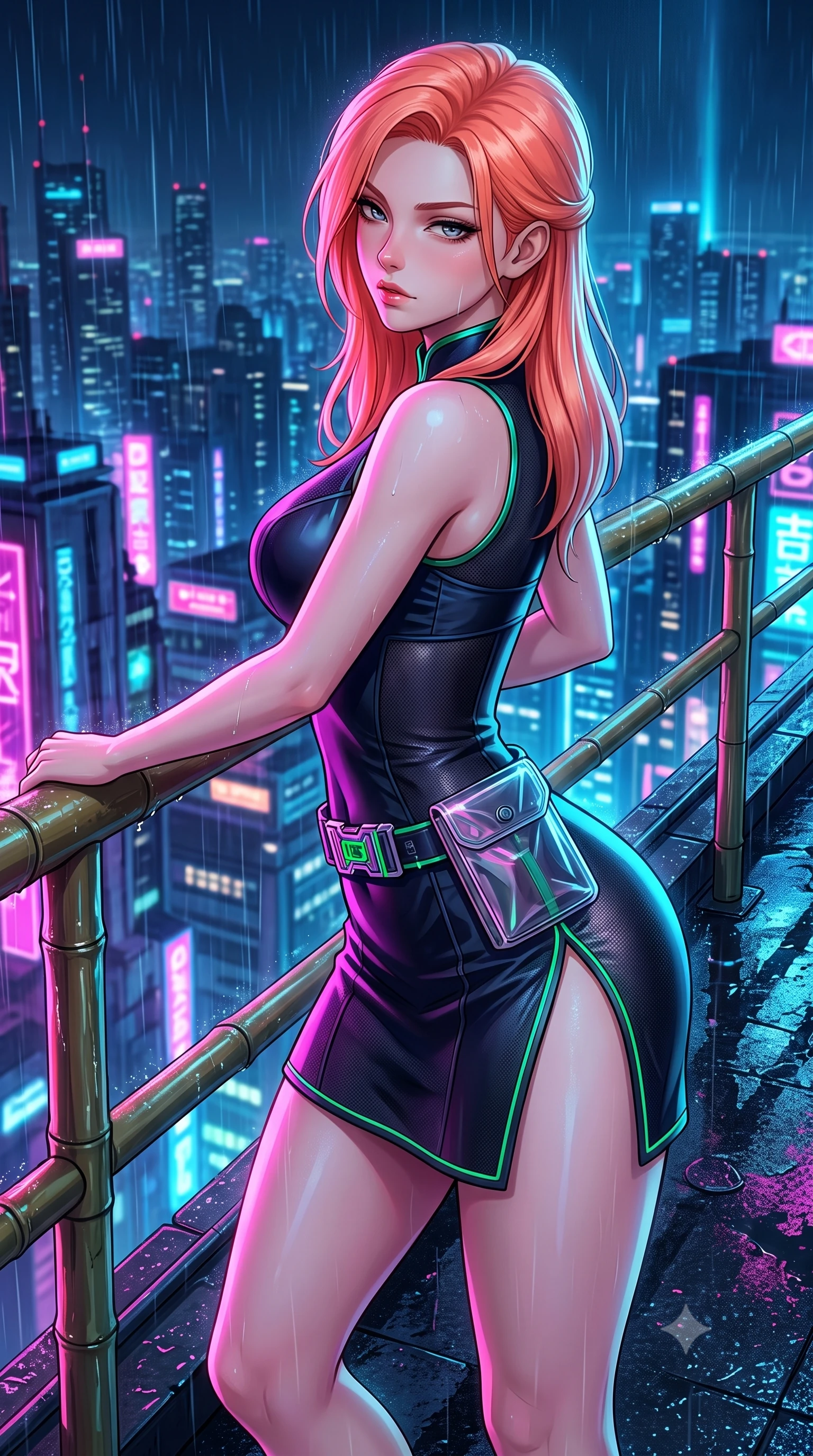 score_9, masterpiece, best quality, ultra-detailed, high-budget anime keyframe, semi-realistic 3D game render, editorial fashion photography, tasteful artistic composition, Japanese woman. close-up cowboy shot from the waist and thighs up, the character dominates the composition, filling the frame with her large presence. twisting her slender torso in a deep contrapposto stance, hips dramatically shifted to accentuate her feminine curves while looking past her shoulder with smoldering bedroom-eyes while leaning deep against a rain-slicked rooftop bamboo railing with hips cocked back, looking over her shoulder as neon reflections wash over her curvy silhouette. The surrounding environment is rendered in vivid detail and crisp panoramic clarity. intense Wong Kar-wai inspired neo-noir chiaroscuro and atmospheric cyberpunk metropolis aesthetics in precision. She has an exceptionally elegant, slender, and willowy female figure with an ultra-slim waist, a gracefully sculpted slender torso, toned flat midriff, and rounded feminine hips creating an alluring hourglass silhouette. sharp v-shaped jawline, high-bridge nose, intricate jewel-like eyes with depth, thick eyelashes, glossy parted lips with a natural sheen, intensely captivating and seductive bedroom-eyes expression, flawlessly proportioned anatomical accuracy, strict slender model proportions, natural body alignment, perfectly sculpted long slender limbs, ultra-slim waistline, clean dynamic posture without body distortion. wearing a modernized cyber-qipao mini dress with an ultra-high side slit ascending to the hip and glowing LED piping in jade green and dark obsidian, made of breathable technical athletic mesh and liquid-finish track nylon, finished with a neon LED belt buckle and translucent vinyl tool pouch, the form-contouring material adhering flawlessly to her sculpted flat midriff and slender torso, emphasizing her long leg lines and perfectly proportioned willowy build. illuminated by wet specular asphalt bounce lights sharply sculpting her narrow waist and rounded hips. highly saturated vibrant anime colors, detailed shading with soft gradients, rich glossy textures, high-contrast stereoscopic depth, volumetric dynamic lighting, master piece, 9:16 ratio