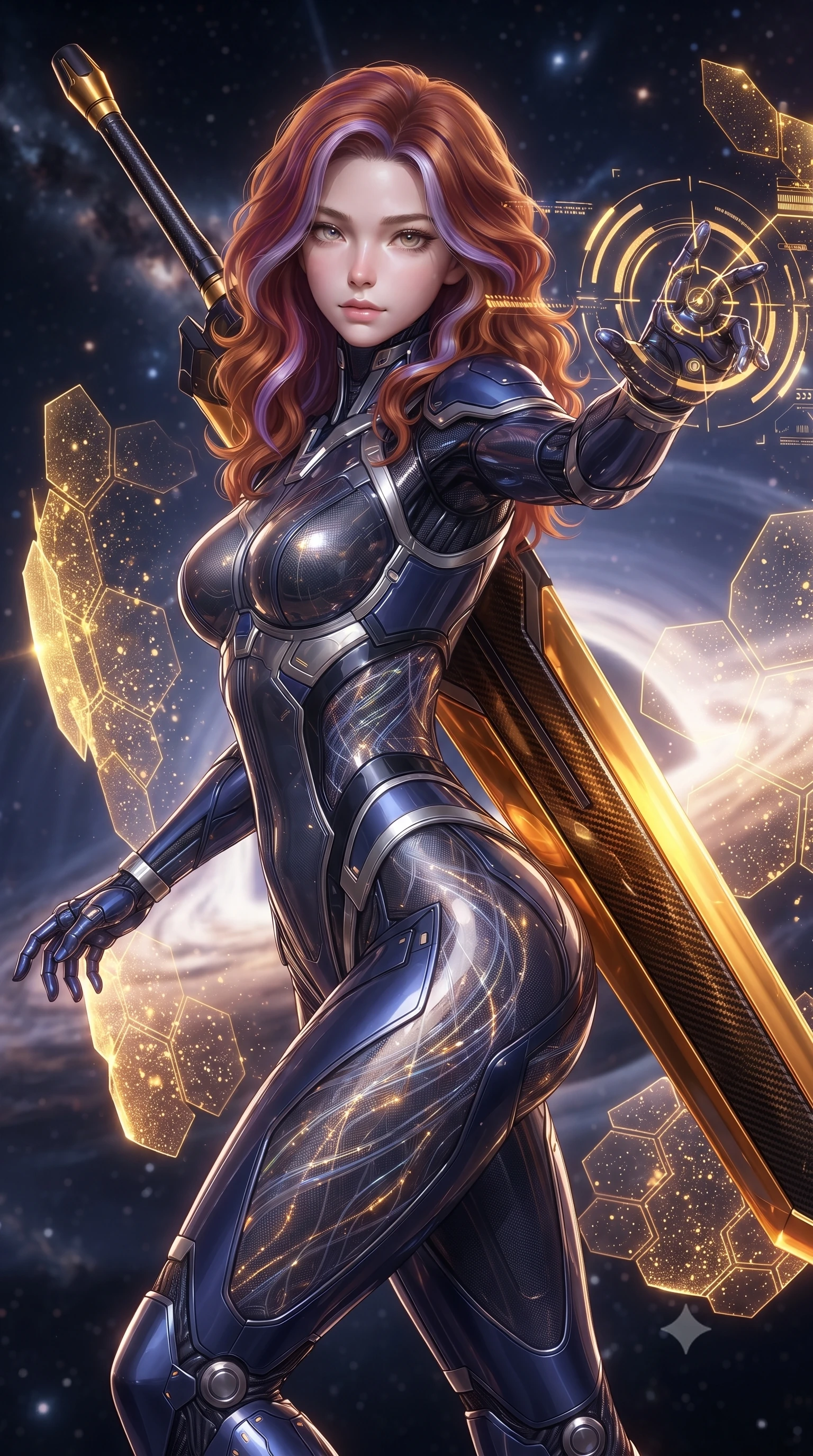 score_9, masterpiece, best quality, ultra-detailed, high-budget anime keyframe, editorial fashion photography, tasteful artistic composition, Caucasian woman. close-up cowboy shot from the waist and thighs up, the character dominates the composition, filling the frame with her large presence. extending one arm gracefully as glowing holographic targeting reticles and data streams orbit her fingertips with sovereign power while pivoting dynamically in zero-gravity with arms outstretched as the translucent energy shields pulse with golden particle light. The surrounding environment is rendered in vivid detail and crisp panoramic clarity. sharp hexagonal shield matrix borders, glowing honeycomb energy lattices, and singularity event horizon in deep focus. She has an exceptionally elegant, slender, and willowy female figure with an ultra-slim waist, a gracefully sculpted slender torso, toned flat midriff, and a refined slim silhouette. sharp v-shaped jawline, high-bridge nose, intricate jewel-like eyes with depth, thick eyelashes, glossy lips with a natural sheen, flawlessly proportioned anatomical accuracy, strict slender model proportions, natural body alignment, perfectly sculpted long slender limbs, ultra-slim waistline, clean dynamic posture without body distortion. wearing a statuesque midnight cobalt carbon-fiber armor-suit with platinum trim and an ultra-slim waistline, resting a massive sleek high-frequency anti-material greatsword across her shoulder in molten amber-gold carbon cuirass with dark titanium weave, crafted from semi-translucent cybernetic carbon-vinyl interwoven with glowing micro-filaments, finished with high-mobility articulation joints and miniature magnetic armor locks, the form-contouring material adhering flawlessly to her sculpted flat midriff and slender torso, emphasizing her long leg lines and perfectly proportioned willowy build. bathed in radiant golden singularity accretion glow and saturated violet gravitational field uplights. ultra-reflective glossy finish, specular highlights, dark metallic sheen, high-contrast stereoscopic depth, volumetric dynamic lighting, 2k, ultra detail, master piece, 9:16 ratio