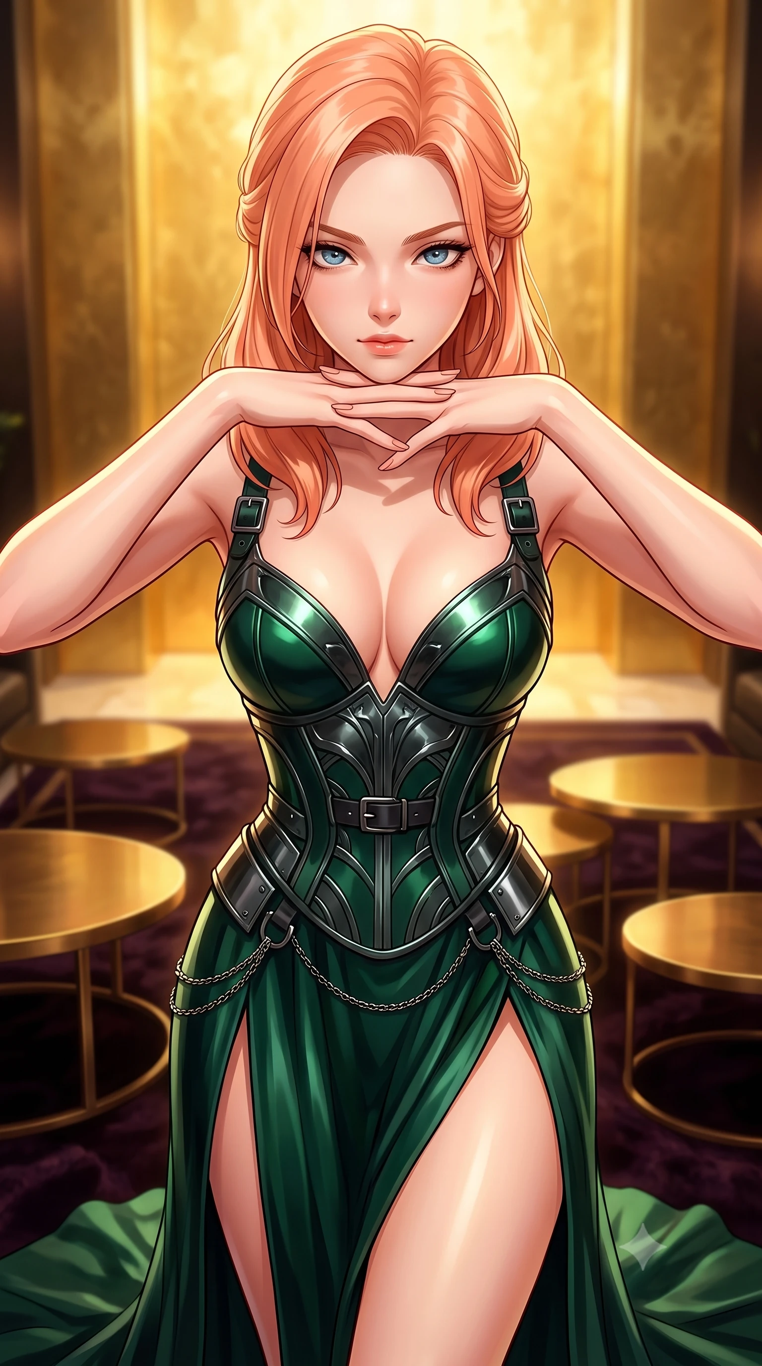 score_9, masterpiece, best quality, ultra-detailed, high-budget anime keyframe, editorial fashion photography, tasteful artistic composition, Japanese woman. close-up cowboy shot from the waist and thighs up, the character dominates the composition, filling the frame with her large presence, background elements kept in soft focus. Resting her chin on the backs of her fingers with an air of effortless superiority, poised on a dark velvet rug surrounded by low warm brass coffee tables, opulent high-fashion editorial aesthetic. She has an exceptionally elegant, slender, and willowy female figure with an ultra-slim waist, a gracefully sculpted slender torso, and a refined silhouette. sharp v-shaped jawline, high-bridge nose, intricate jewel-like eyes with depth, thick eyelashes, glossy lips with a natural sheen. wearing low-cut gothic structured bodice gown with high leg slit in deep emerald green, made of sculpted obsidian metallic chrome, framed by dark titanium buckles and silver chain details, following her slender form with tailored precision. illuminated by warm golden light radiating from gold-leaf accent walls. highly saturated vibrant anime colors, detailed shading with soft gradients, rich glossy textures, high-contrast stereoscopic depth, volumetric dynamic lighting, master piece, 9:16 ratio